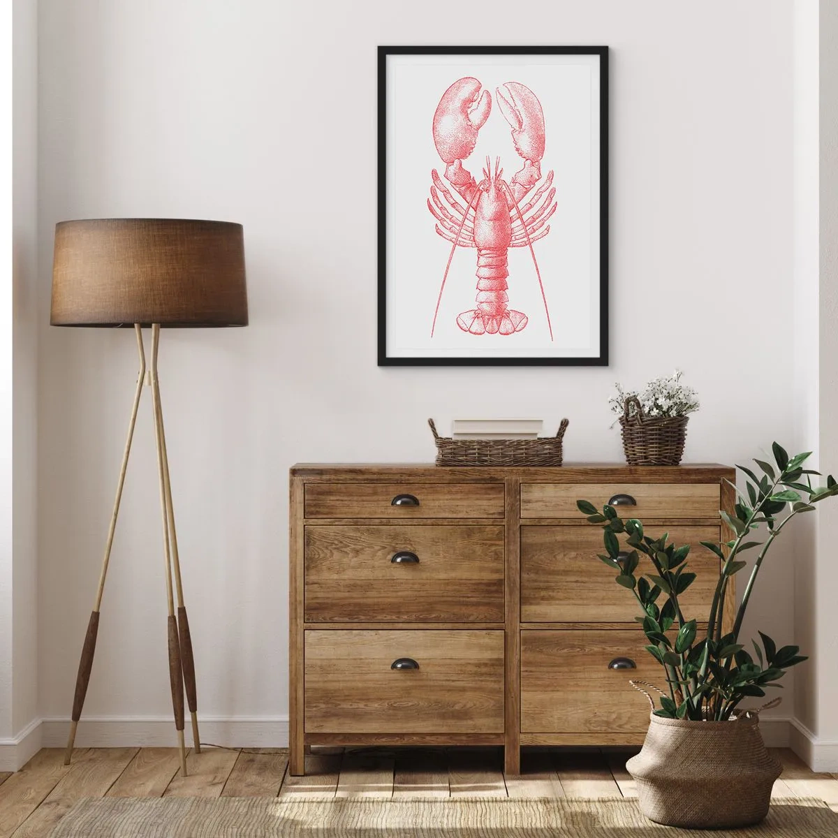 Poster în ramă neagră - Desen vintage cu homar pe fundal deschis - 50x70cm - Homar demn de Homer - Decorațiune modernă pentru perete pentru living și dormitor ARTTOR
