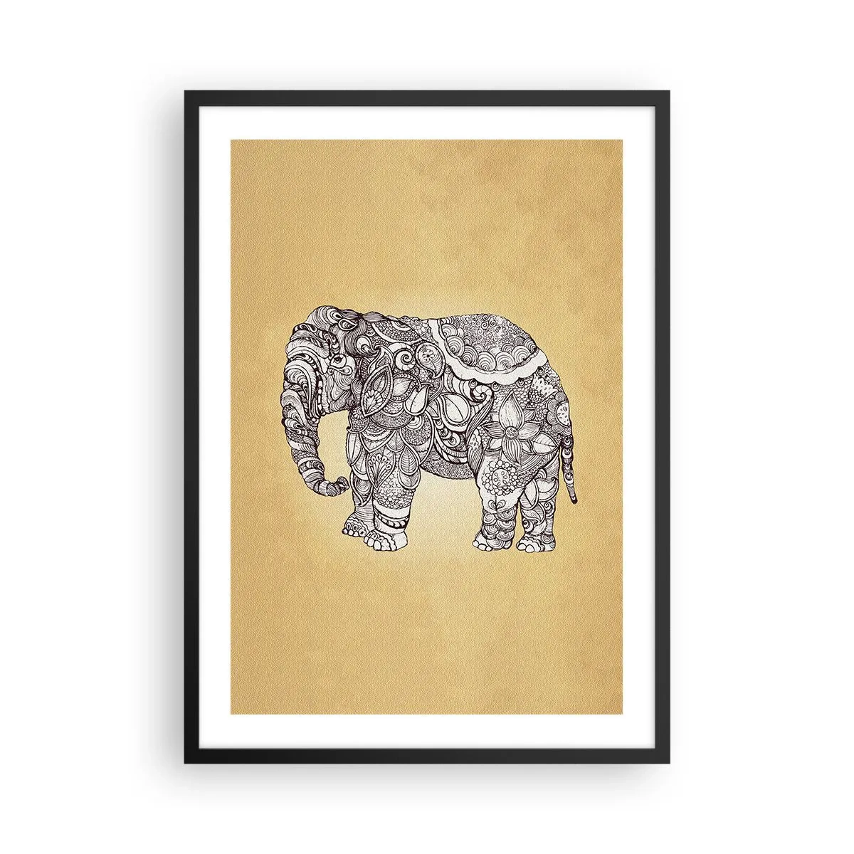Poster în ramă neagră - Ilustrație decorativă a unui elefant cu ornamente complexe pe un fundal auriu - 50x70cm - Elefantul oriental - Decorațiune modernă pentru perete pentru living și dormitor ARTTOR