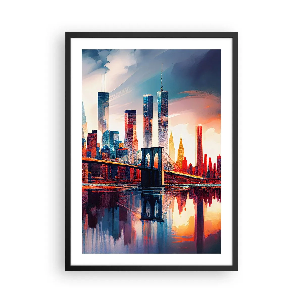 Poster în ramă neagră - Panoramă a orașului cu un pod și reflexie în apă - 50x70cm - New York fenomenal - Decorațiune modernă pentru perete pentru living și dormitor ARTTOR