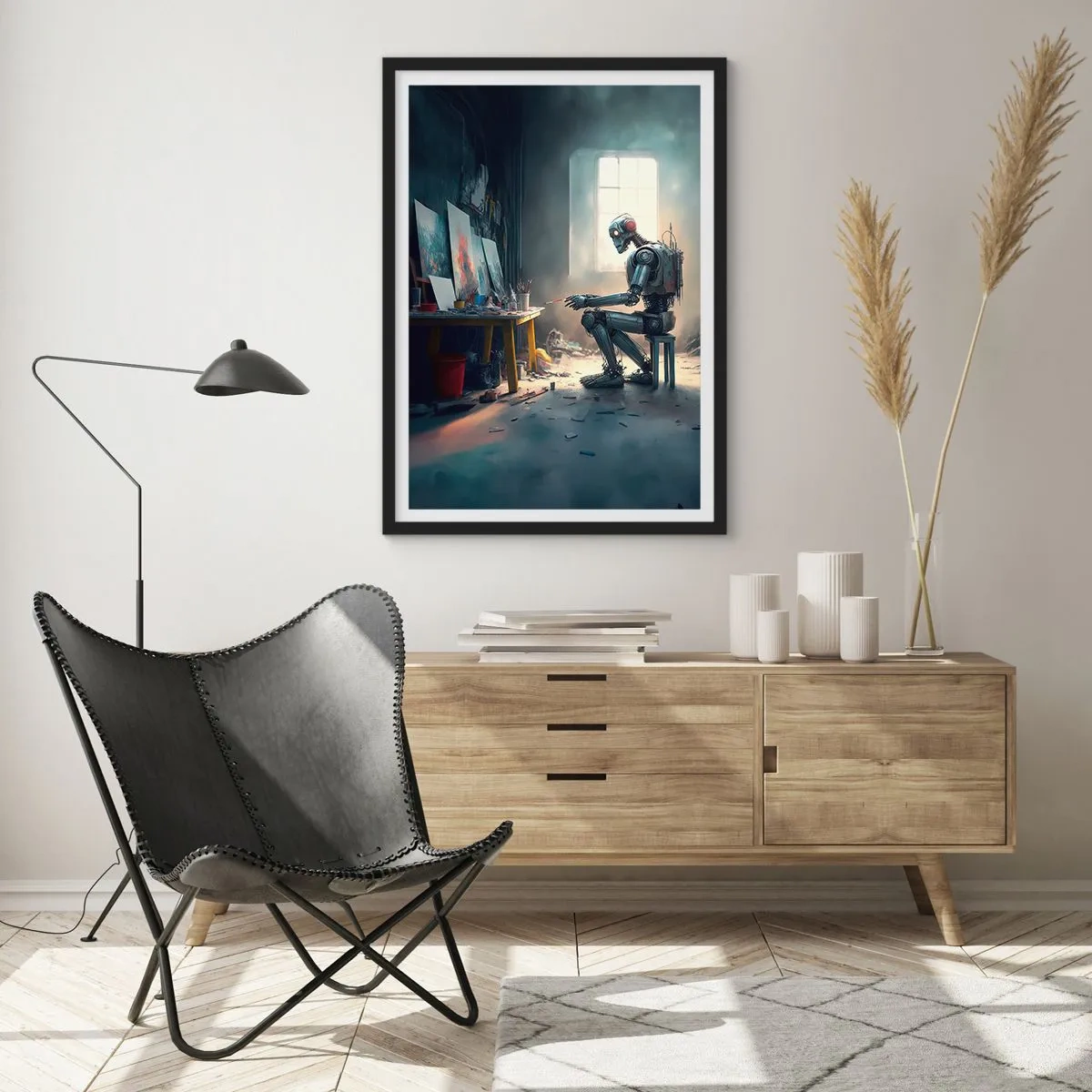 Poster în ramă neagră - Artist robot pictează tablouri în studioul său - 50x70cm - Actul de creație - Decorațiune modernă pentru perete pentru living și dormitor ARTTOR