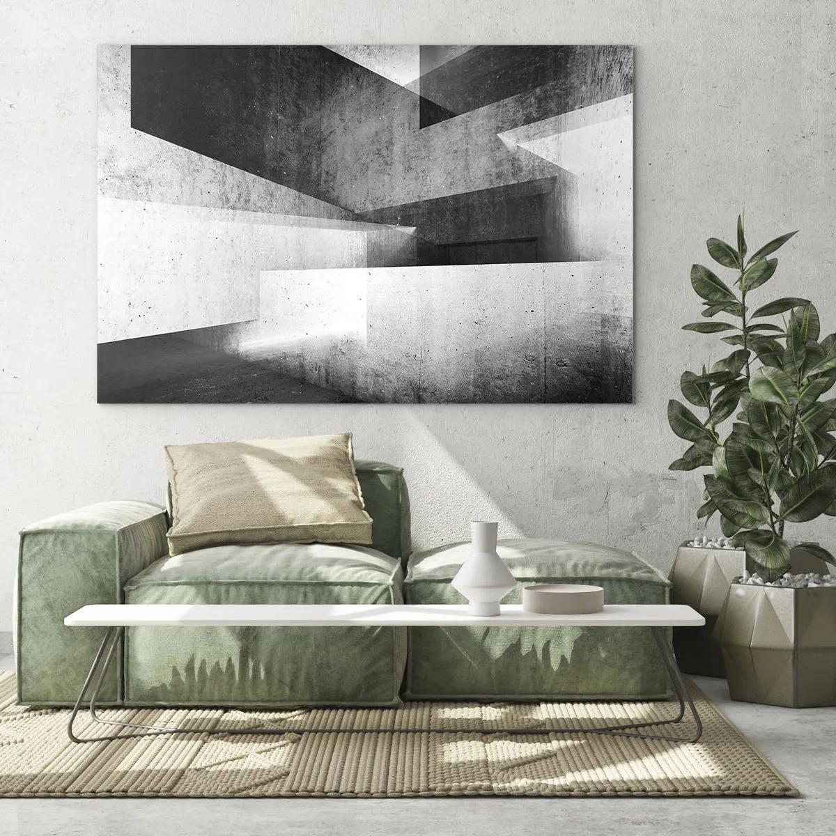 Tablou pe sticlă - Forme geometrice din beton în tonuri de alb și negru - 70x50cm - Structura spațiului - Decorațiune modernă pentru perete pentru living și dormitor ARTTOR