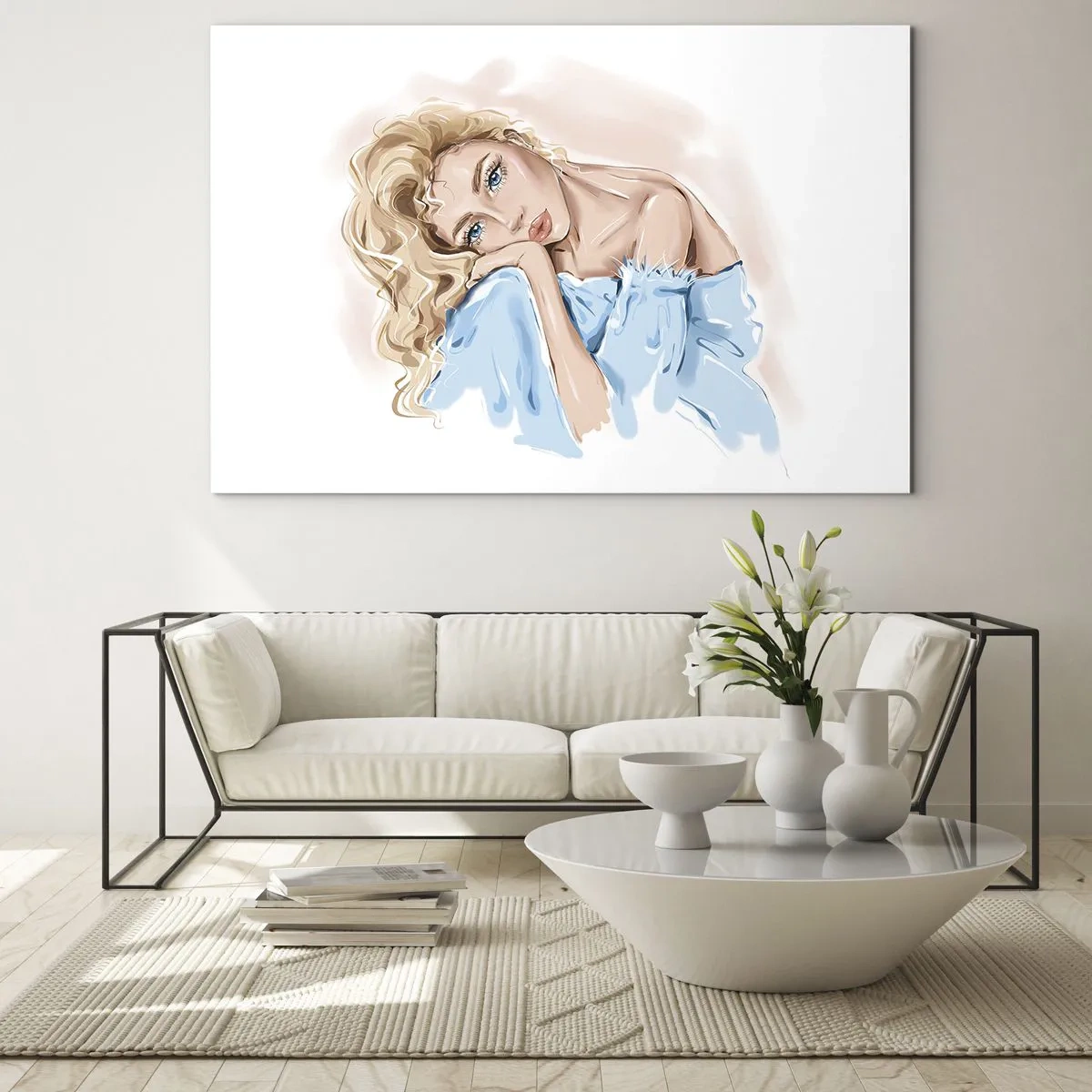 Tablou pe sticlă - Portretul unei blonde într-o rochie albastră cu o privire gânditoare - 70x50cm - Scufundată în vis albastru - Decorațiune modernă pentru perete pentru living și dormitor ARTTOR