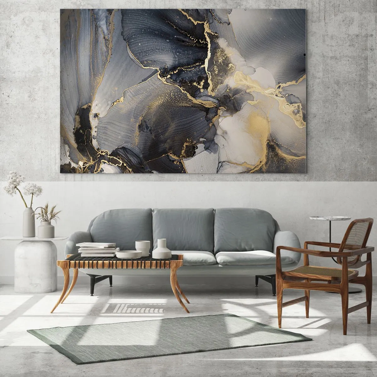 Tablou pe sticlă - Abstracție întunecată cu efect de marmură și vene aurii - 70x50cm - Viața unei pietre - Decorațiune modernă pentru perete pentru living și dormitor ARTTOR