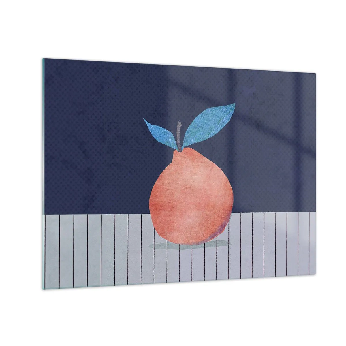Tablou pe sticlă - Un fruct cu o formă abstractă pe fundalul unei compoziții geometrice - 70x50cm - Convexitate și plan - Decorațiune modernă pentru perete pentru living și dormitor ARTTOR