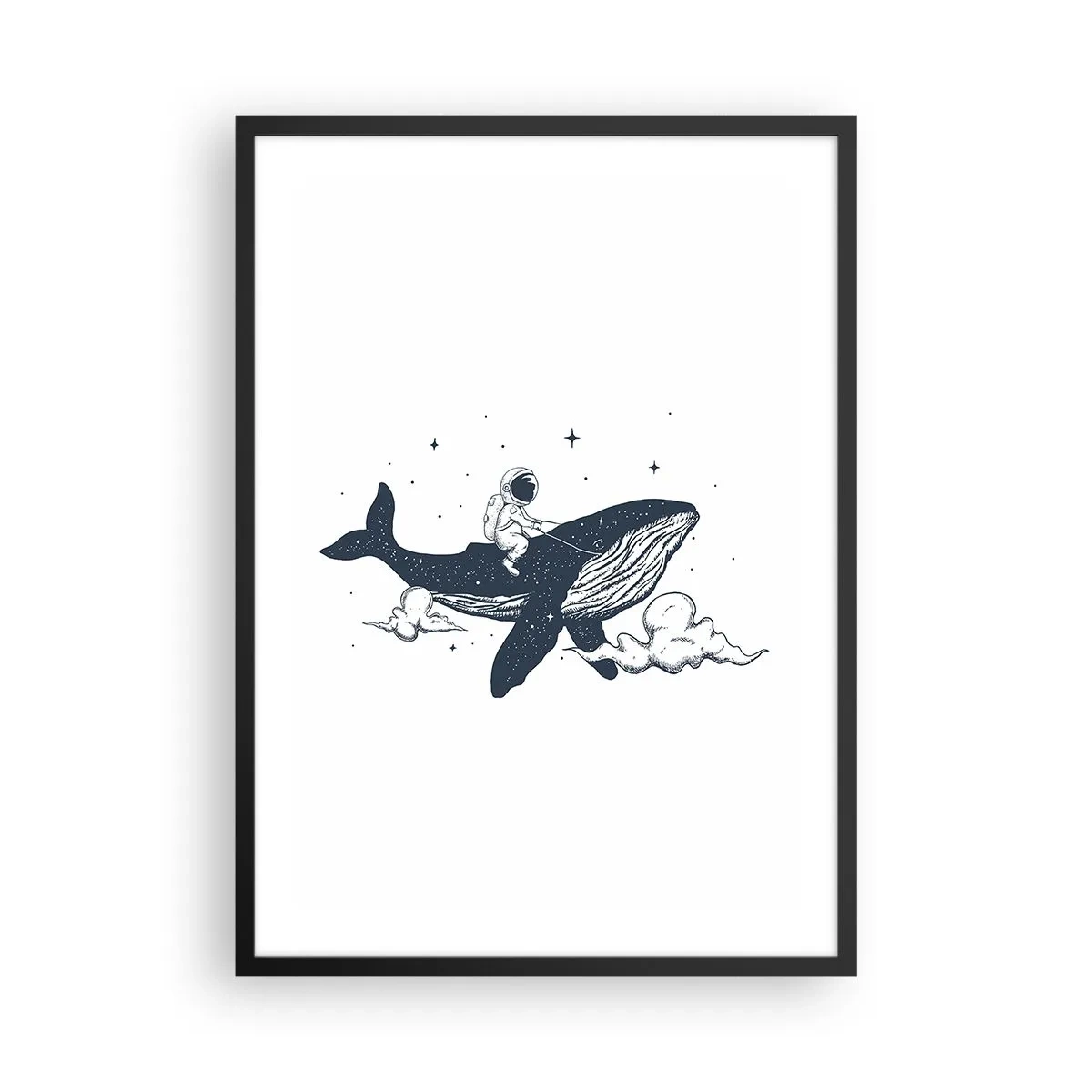 Poster în ramă neagră - O ilustrație colorată a unei rachete spațiale zburând printre stele. - 50x70cm - Aventura spațială - Decorațiune modernă pentru perete pentru living și dormitor ARTTOR