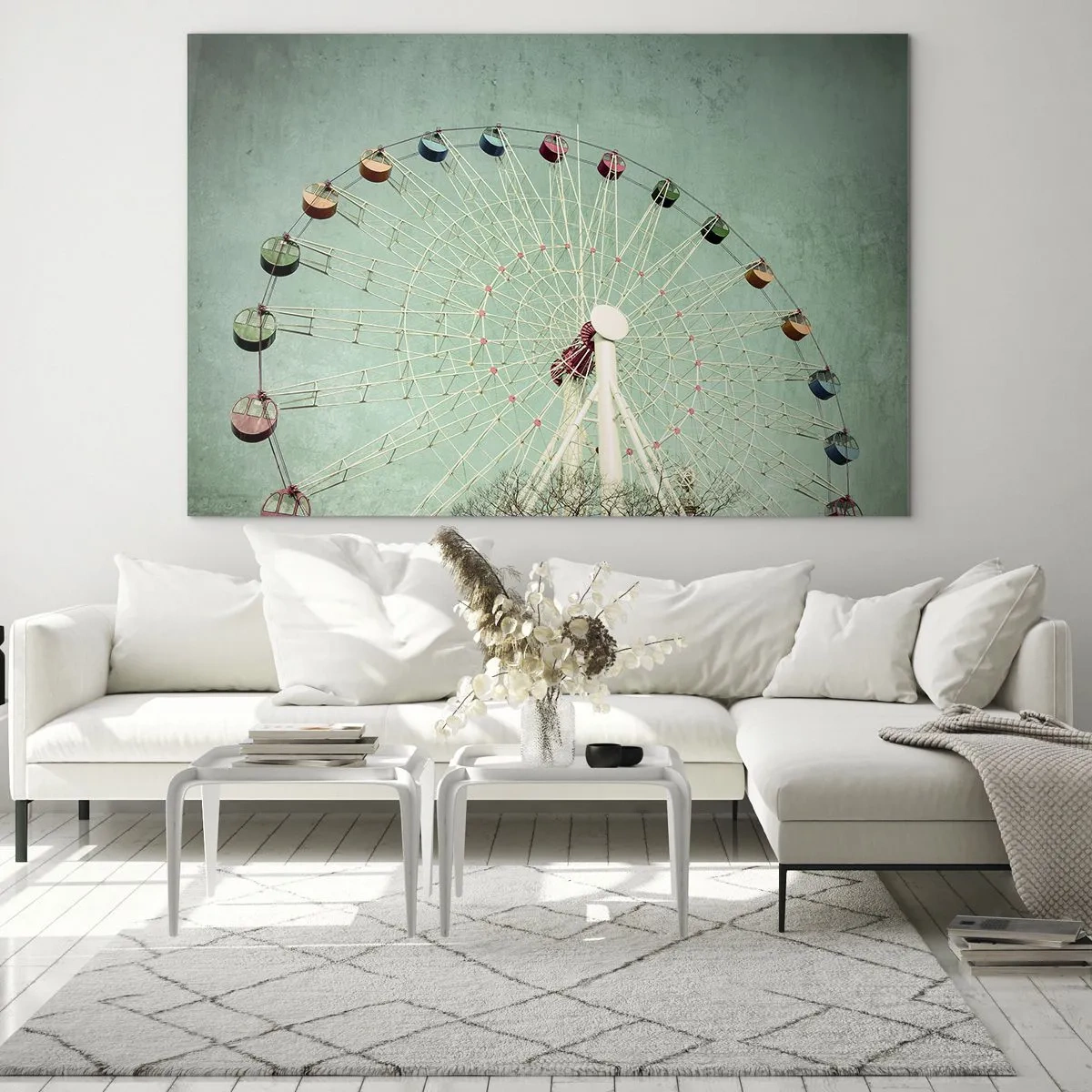 Tablou pe sticlă - O roată Ferris colorată pe un fundal verde pastel - 70x50cm - Poftim la joacă - Decorațiune modernă pentru perete pentru living și dormitor ARTTOR