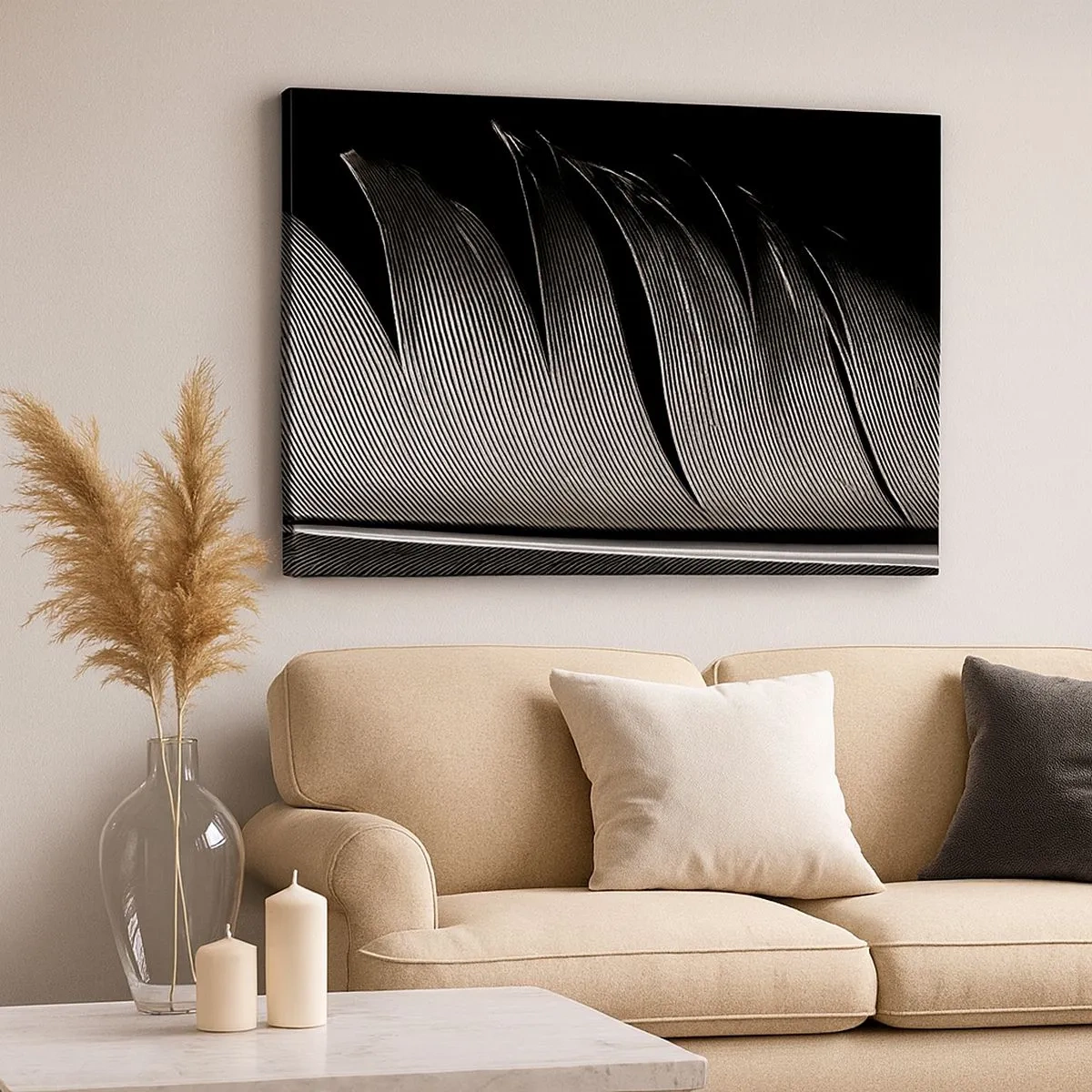 Tablou pe pânză Canvas - Textură de pene alb-negru într-un stil minimalist - 70x50cm - Pana - o construcție minunată - Decorațiune modernă pentru perete pentru living și dormitor ARTTOR