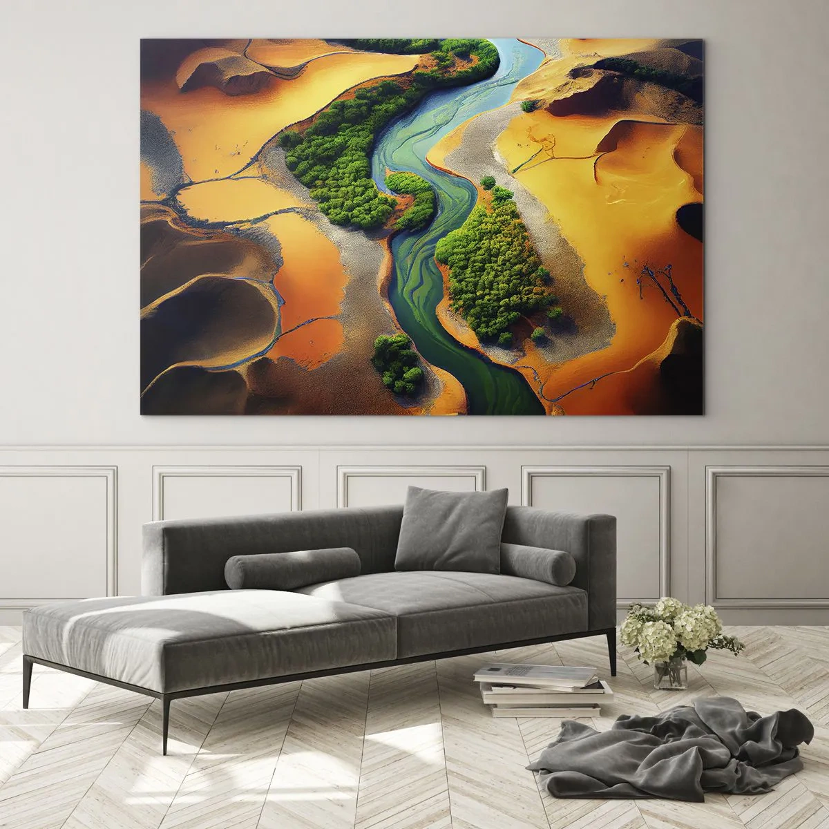 Tablou pe sticlă - Oaze verzi și un râu printre dunele portocalii - 70x50cm - Râul care dă viață - Decorațiune modernă pentru perete pentru living și dormitor ARTTOR