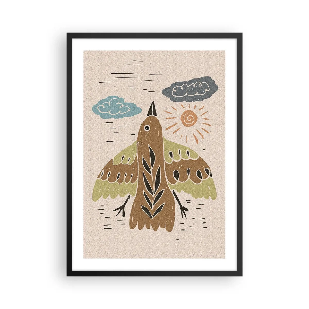 Poster în ramă neagră - O ilustrație colorată a unei păsări în zbor, cu nori și soare în fundal. - 50x70cm - Zbor vesel - Decorațiune modernă pentru perete pentru living și dormitor ARTTOR