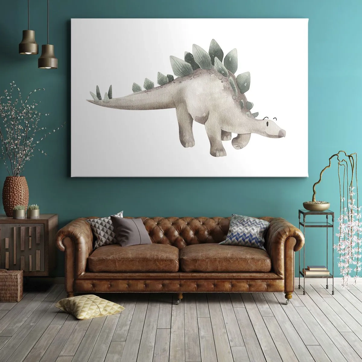 Tablou pe pânză Canvas - Un dinozaur drăguț în culori pastelate - 70x50cm - Prietenul tău - Decorațiune modernă pentru perete pentru living și dormitor ARTTOR