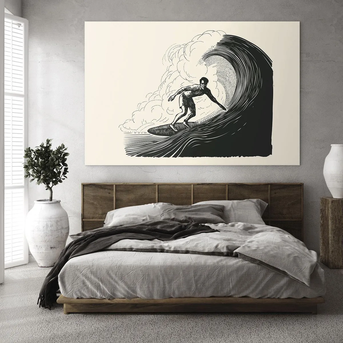 Tablou pe sticlă - Surfer călare pe un val înalt într-un stil de desen retro - 70x50cm - Regele valului - Decorațiune modernă pentru perete pentru living și dormitor ARTTOR
