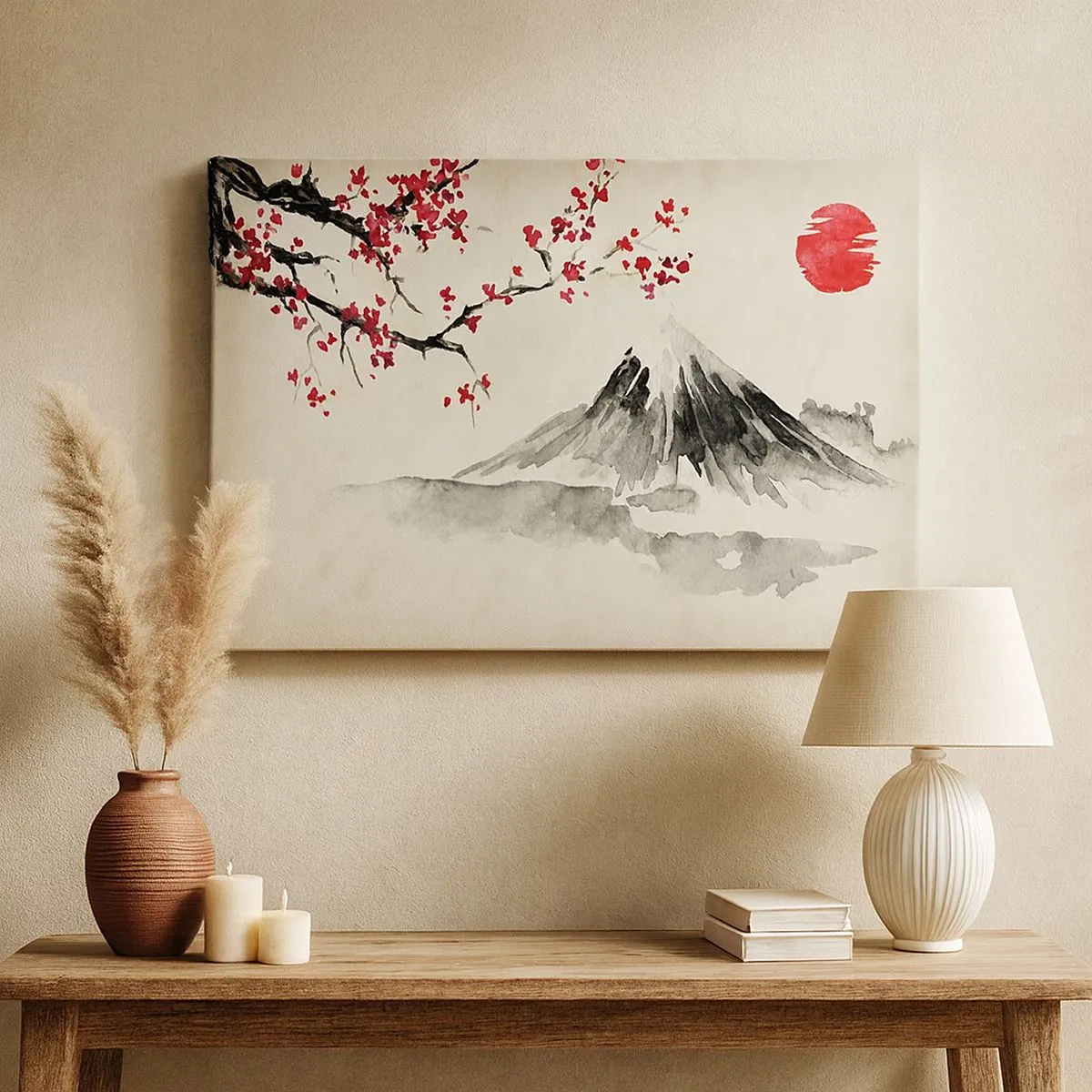 Tablou pe pânză Canvas - Un peisaj pitoresc cu un munte, flori de cireș și soare - 70x50cm - Îndrăgostește-te de Japonia - Decorațiune modernă pentru perete pentru living și dormitor ARTTOR