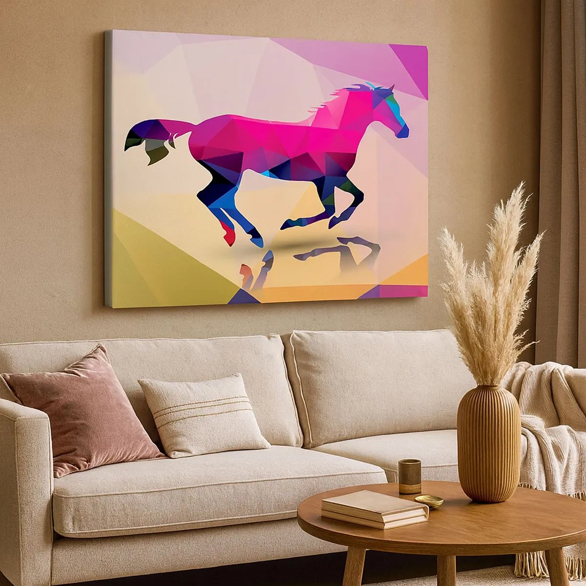 Tablou pe pânză Canvas - Siluetă geometrică a unui cal în galop în culori vibrante - 70x50cm - Cubismul mai trăiește - Decorațiune modernă pentru perete pentru living și dormitor ARTTOR