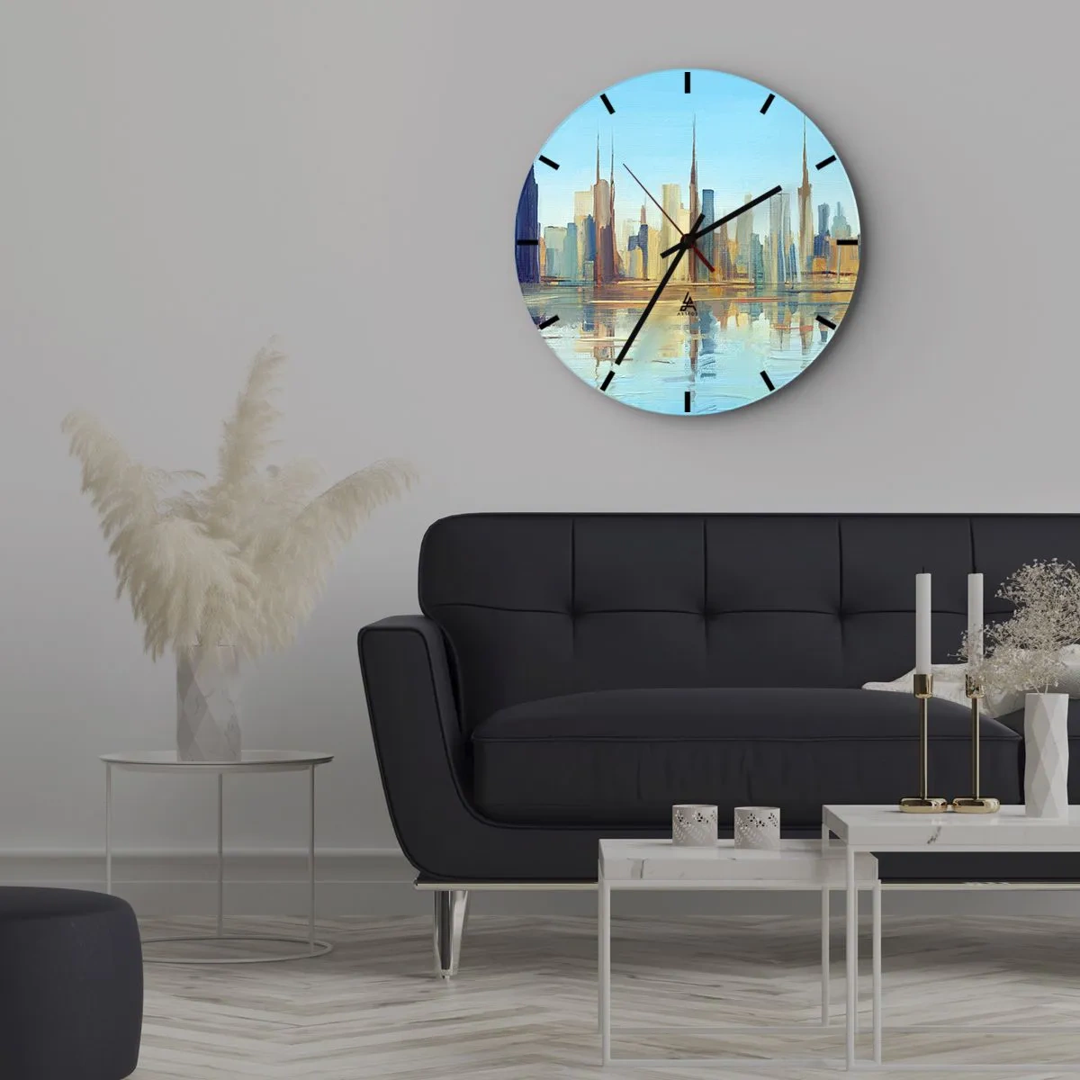 Ceas de perete - Ceas pe sticlă - Panorama orașului reflectată în apă în tonuri strălucitoare - 30x30cm - Metropola însorită - Decorațiune modernă pentru perete pentru living, bucătărie și dormitor ARTTOR