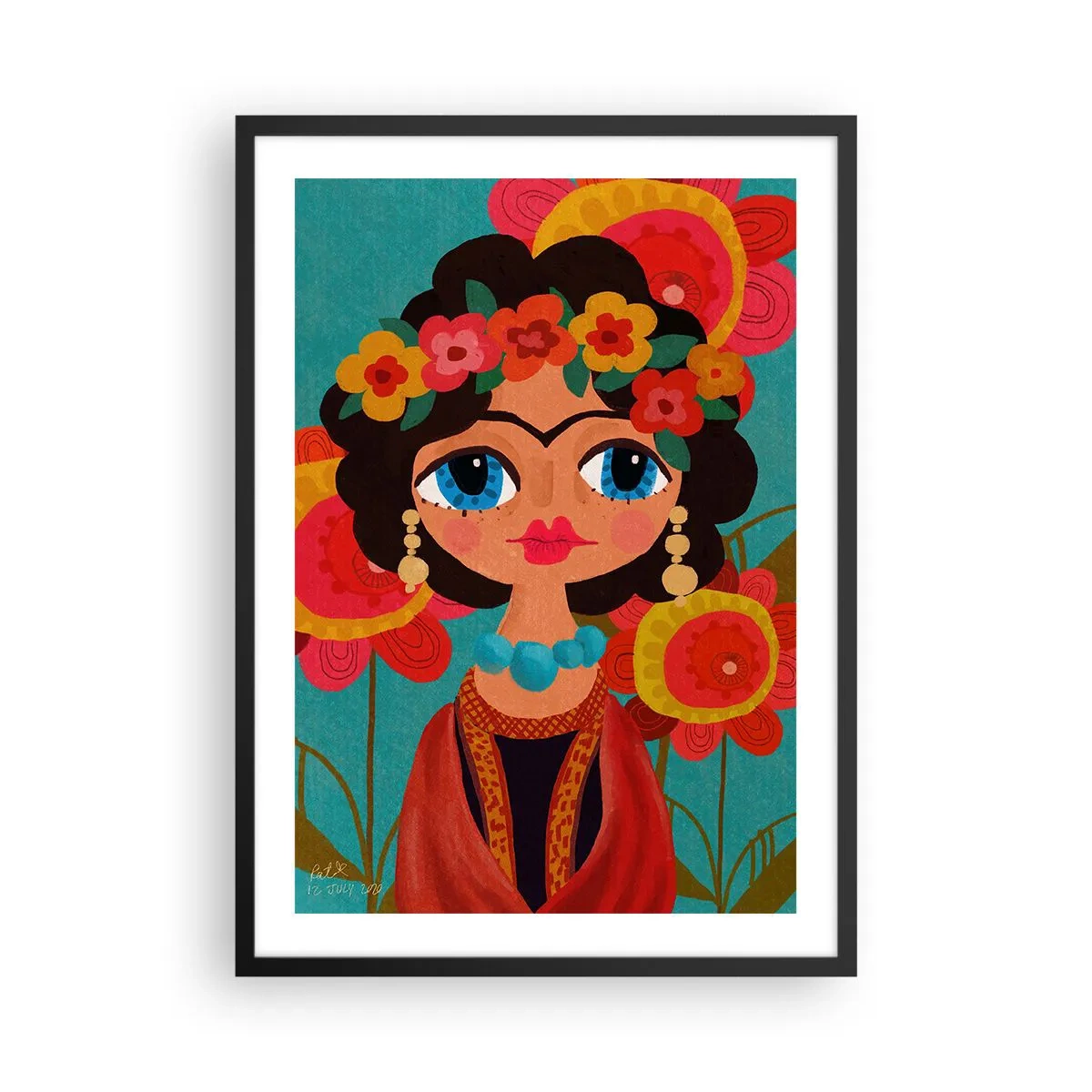 Poster în ramă neagră - Portret colorat al unei femei în stil popular și o coroană de flori - 50x70cm - Fecioara macilor - Decorațiune modernă pentru perete pentru living și dormitor ARTTOR