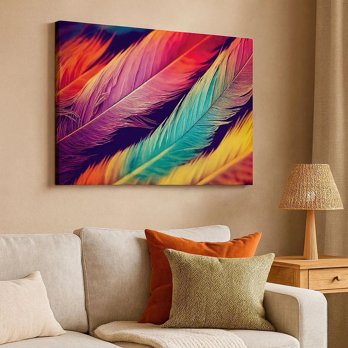 Tablou pe pânză Canvas - Pene colorate în culori intense - 70x50cm - Curcubeu cu pene - Decorațiune modernă pentru perete pentru living și dormitor ARTTOR