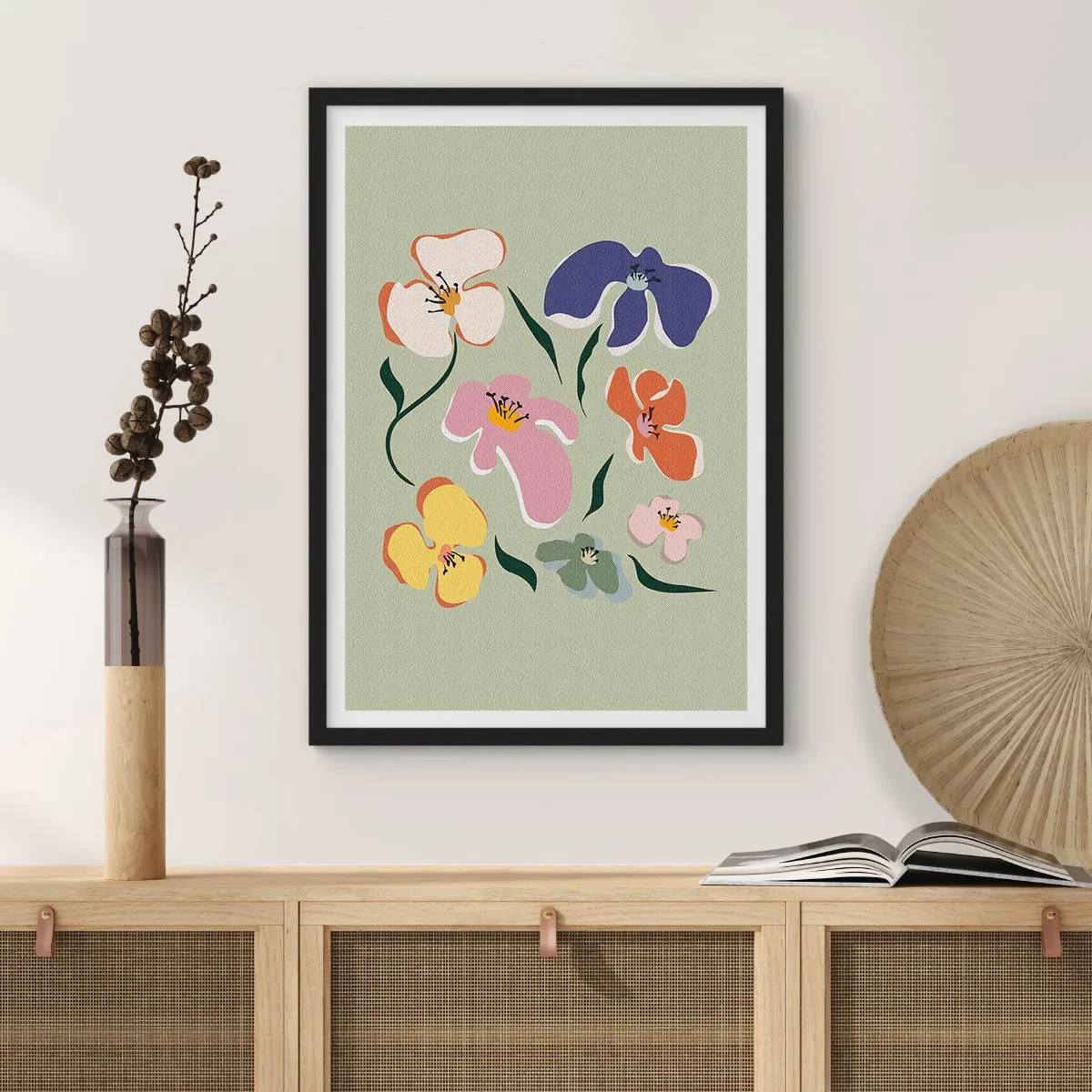 Poster în ramă neagră - Flori colorate pe un fundal verde într-un stil artistic - 50x70cm - Panseluțe colorate - Decorațiune modernă pentru perete pentru living și dormitor ARTTOR