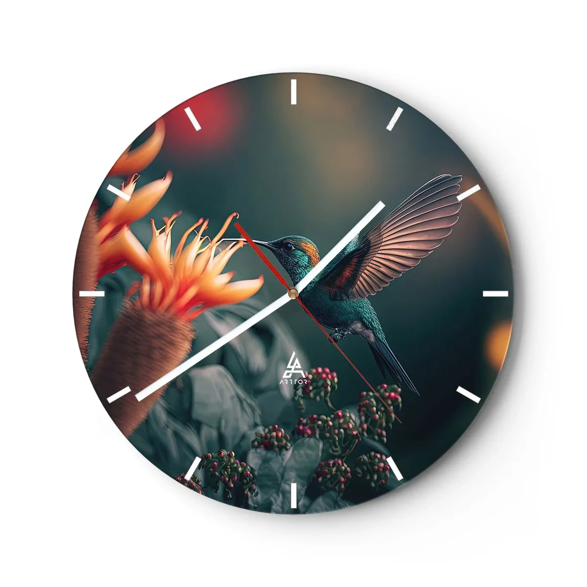 Ceas de perete - Ceas pe sticlă - O colibri plutește deasupra unei flori portocalii exotice. - 30x30cm - Viață cu adevărat colorată - Decorațiune modernă pentru perete pentru living, bucătărie și dormitor ARTTOR