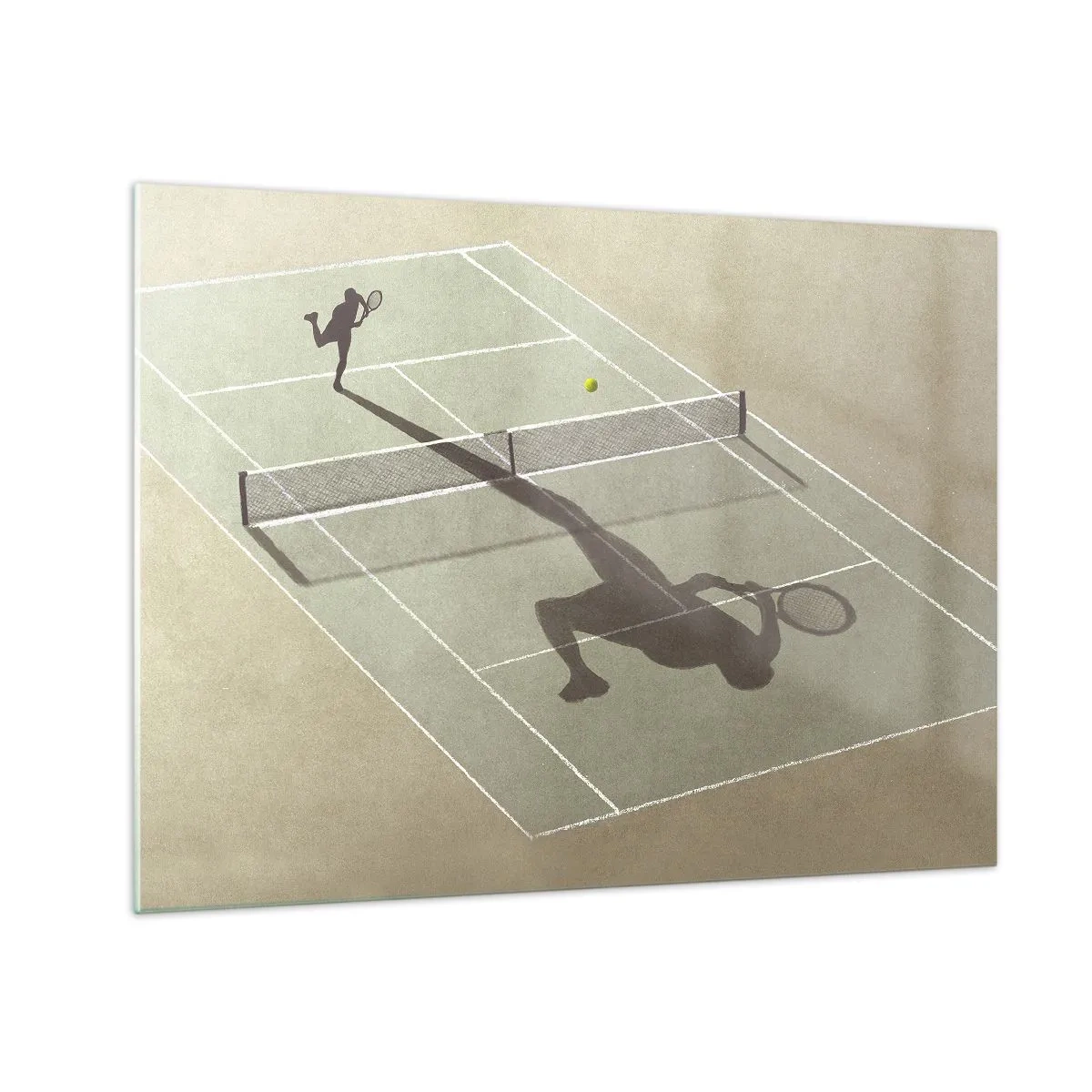 Tablou pe sticlă - Figura unui jucător de tenis și umbra sa pe teren în timpul unui serviciu - 70x50cm - Învinge-te pe tine însuți - Decorațiune modernă pentru perete pentru living și dormitor ARTTOR