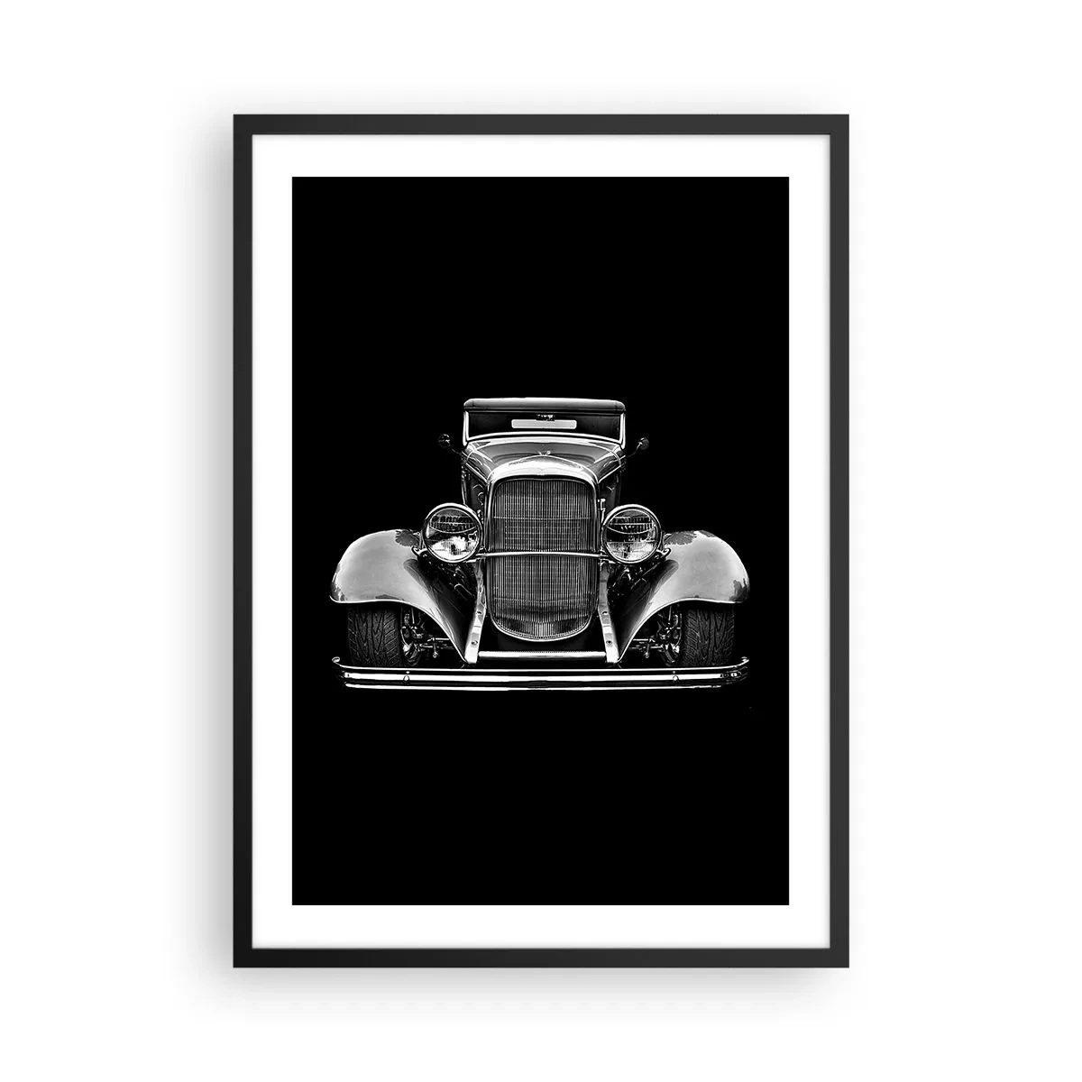 Poster în ramă neagră - Fotografie alb-negru a unei mașini clasice pe un fundal negru - 50x70cm - Un adevărat gentleman - Decorațiune modernă pentru perete pentru living și dormitor ARTTOR