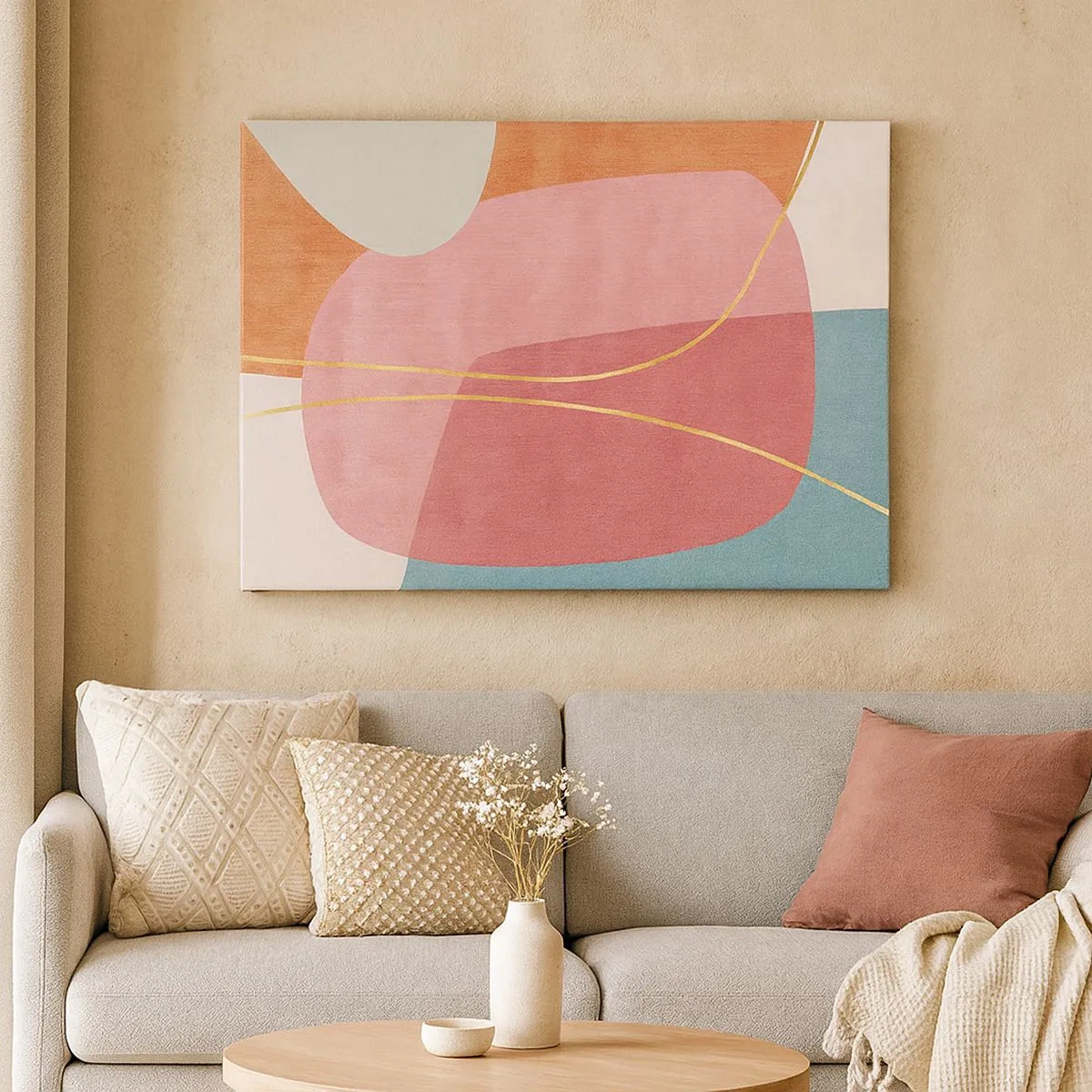 Tablou pe pânză Canvas - Forme abstracte în culori pastelate cu linii delicate - 70x50cm - Compoziție pastel cu fir de aur - Decorațiune modernă pentru perete pentru living și dormitor ARTTOR