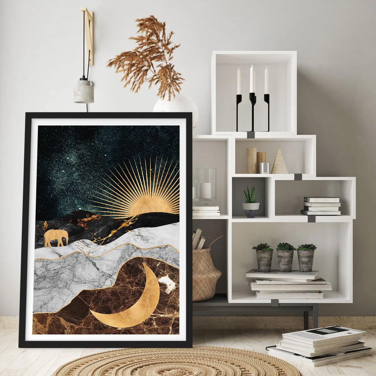 Poster în ramă neagră - Peisaj auriu cu lună, soare și silueta unui elefant - 50x70cm - Drepturi eterne - Decorațiune modernă pentru perete pentru living și dormitor ARTTOR