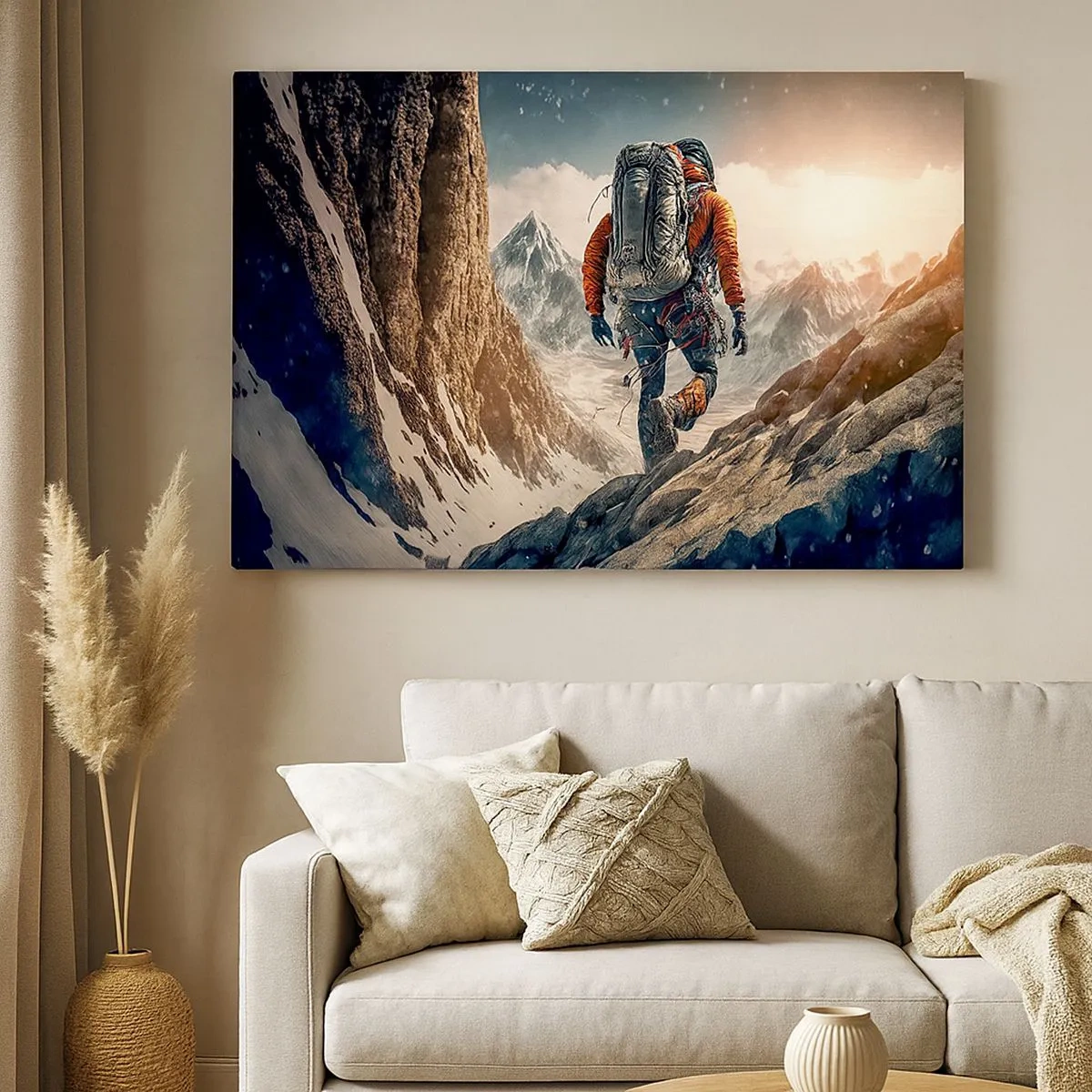 Tablou pe pânză Canvas - Un alpinist pe o potecă de munte într-un peisaj de iarnă - 70x50cm - Războinic singuratic - Decorațiune modernă pentru perete pentru living și dormitor ARTTOR
