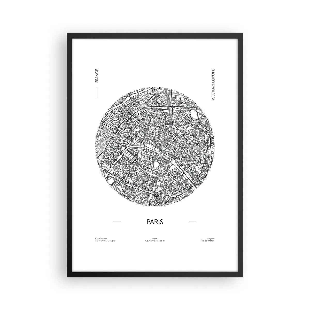 Poster în ramă neagră - Hartă minimalistă a Parisului într-un cerc - 50x70cm - Anatomia Parisului - Decorațiune modernă pentru perete pentru living și dormitor ARTTOR