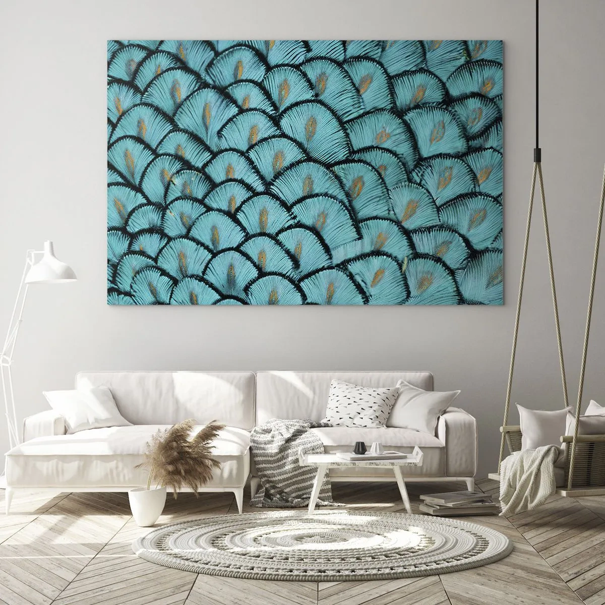 Tablou pe sticlă - Un prim-plan al pene de păun turcoaz care formează un model decorativ. - 70x50cm - Marea gală a penelor - Decorațiune modernă pentru perete pentru living și dormitor ARTTOR