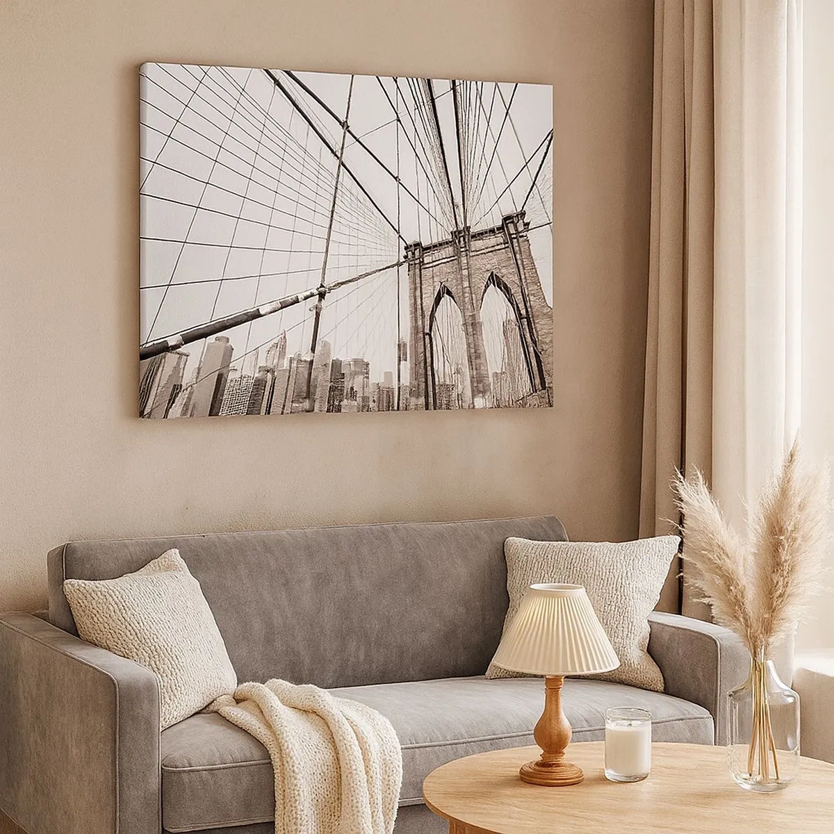 Tablou pe pânză Canvas - Podul Brooklyn în monocrom - 70x50cm - Catedrala din New York - Decorațiune modernă pentru perete pentru living și dormitor ARTTOR