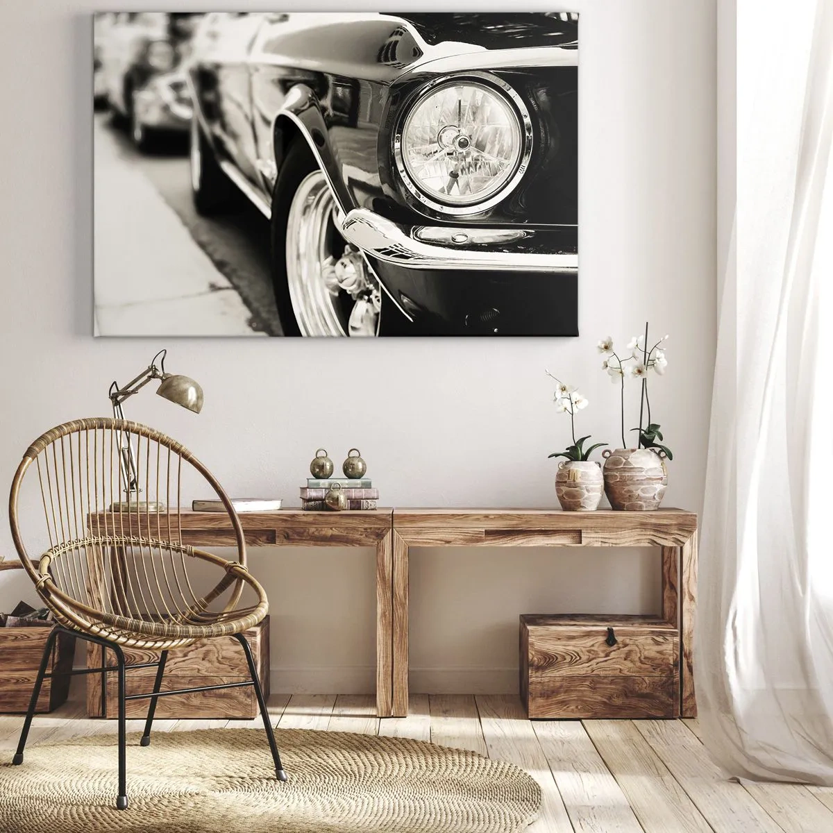 Tablou pe pânză Canvas - O mașină clasică emblematică, în elegantul alb-negru - 70x50cm - Strălucire durabilă - Decorațiune modernă pentru perete pentru living și dormitor ARTTOR