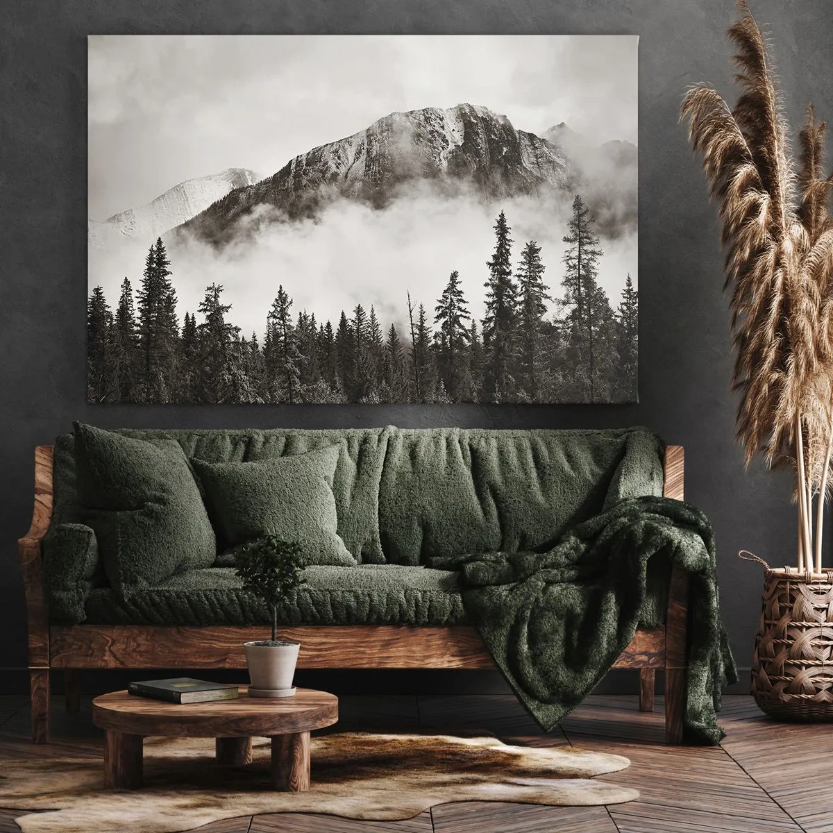 Tablou pe pânză Canvas - Un vârf de munte pitoresc înconjurat de ceață și o pădure în tonuri sepia - 70x50cm - Stăpânul de granit - Decorațiune modernă pentru perete pentru living și dormitor ARTTOR