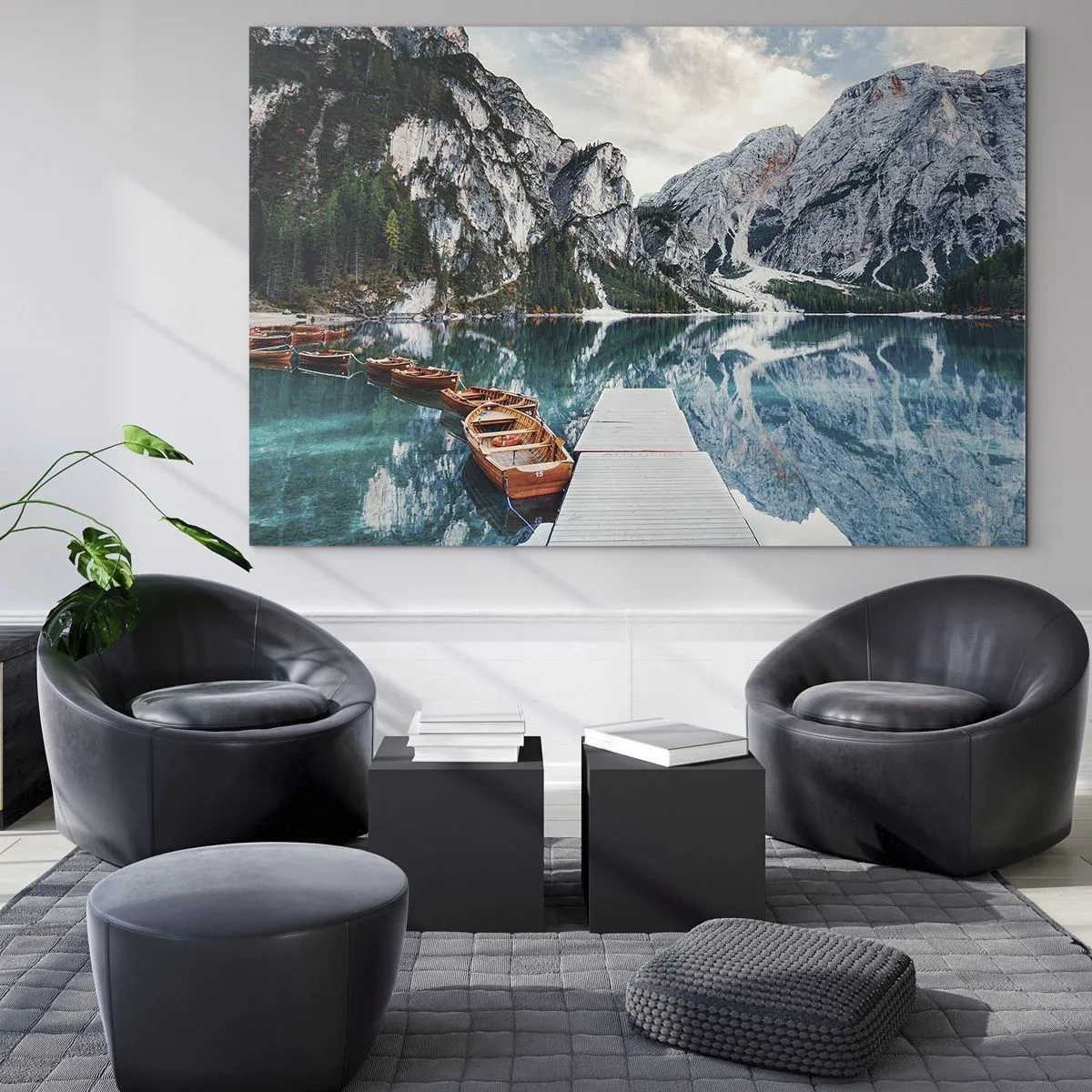 Tablou pe sticlă - Un pod de lemn peste un lac turcoaz din munți - 70x50cm - Îți vom arăta frumusețea - Decorațiune modernă pentru perete pentru living și dormitor ARTTOR