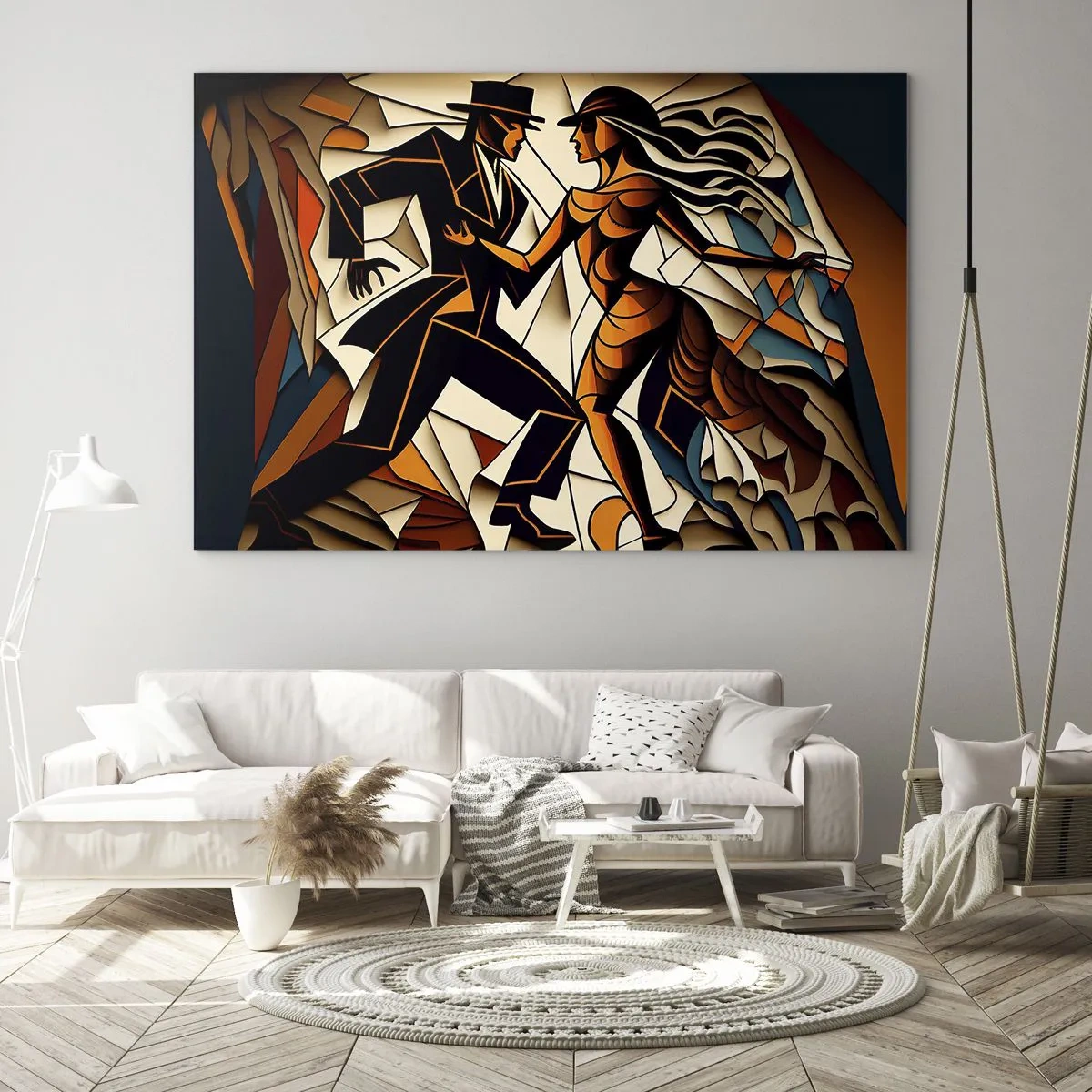 Tablou pe sticlă - Un cuplu stilizat dansând într-o formă abstractă dinamică. - 70x50cm - Dans cu pasiune - Decorațiune modernă pentru perete pentru living și dormitor ARTTOR