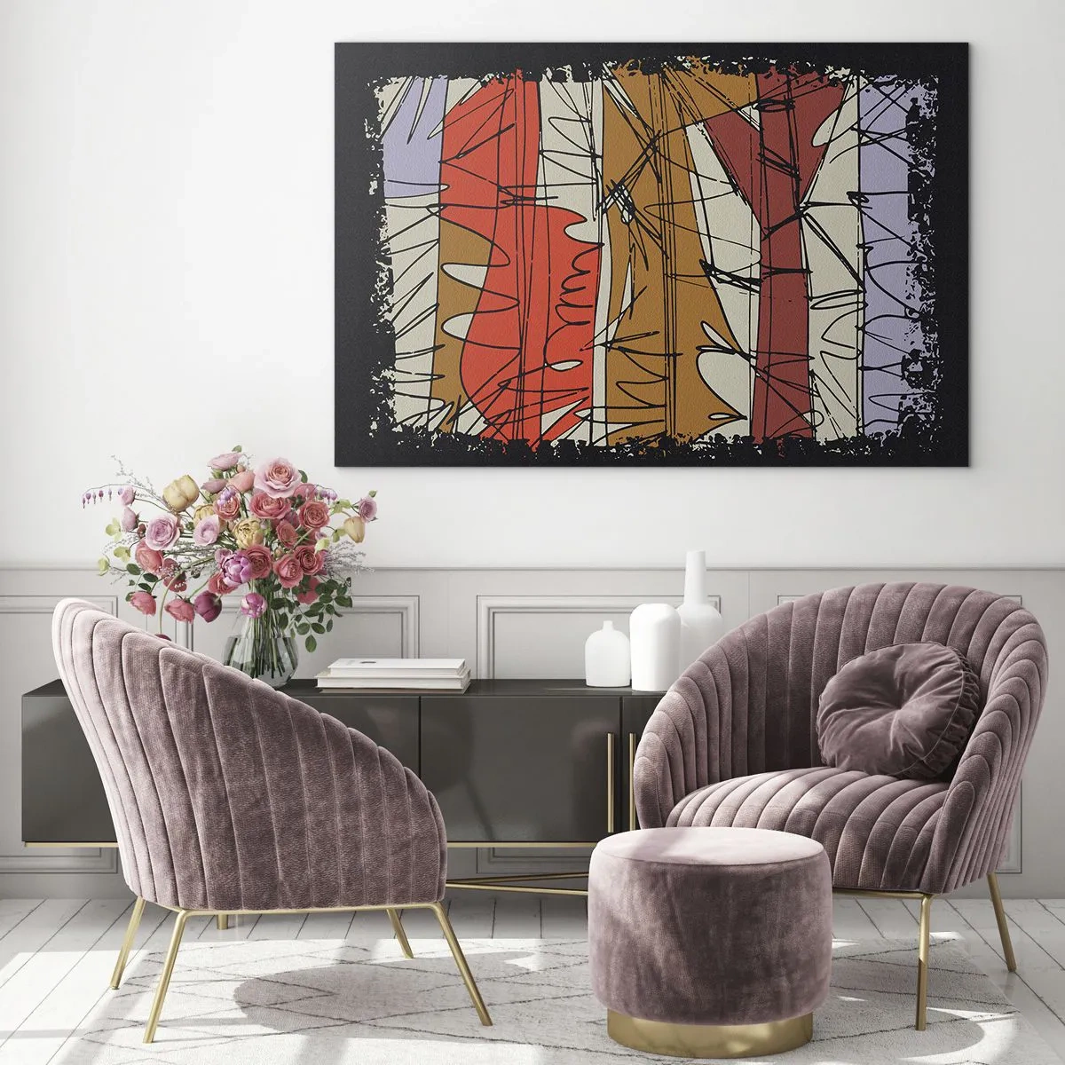 Tablou pe sticlă - Abstracție grafică cu dungi colorate și linii negre - 70x50cm - Compoziție spontană - Decorațiune modernă pentru perete pentru living și dormitor ARTTOR