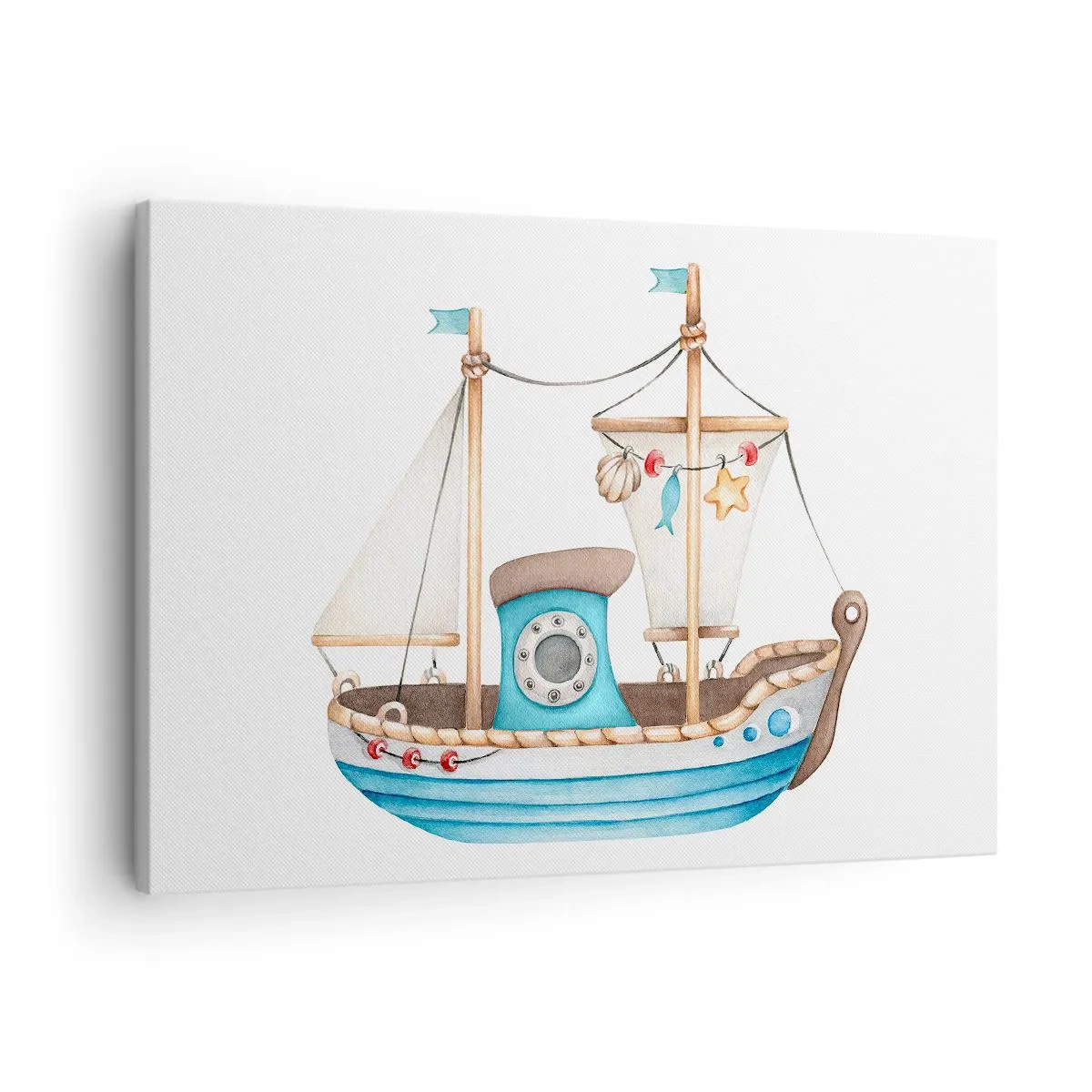 Tablou pe pânză Canvas - Ilustrație a unei nave în culori pastelate pe fundal alb - 70x50cm - Ahoy aventura! - Decorațiune modernă pentru perete pentru living și dormitor ARTTOR