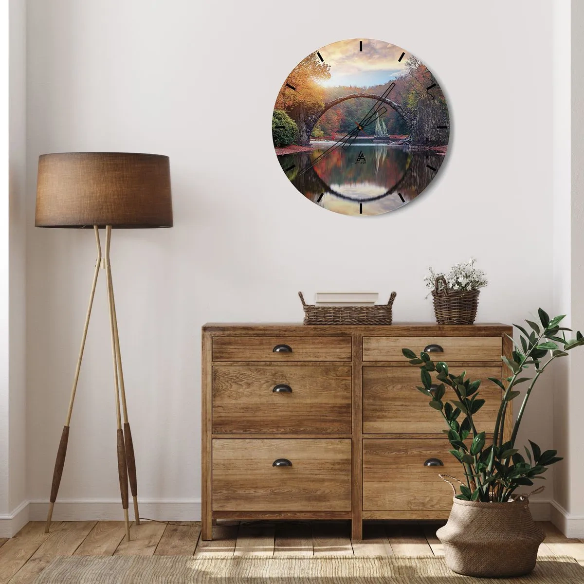 Ceas de perete - Ceas pe sticlă - Un pod arc de piatră care se reflectă în apă creează un cerc - 30x30cm - De cealaltă parte a oglinzii - Decorațiune modernă pentru perete pentru living, bucătărie și dormitor ARTTOR