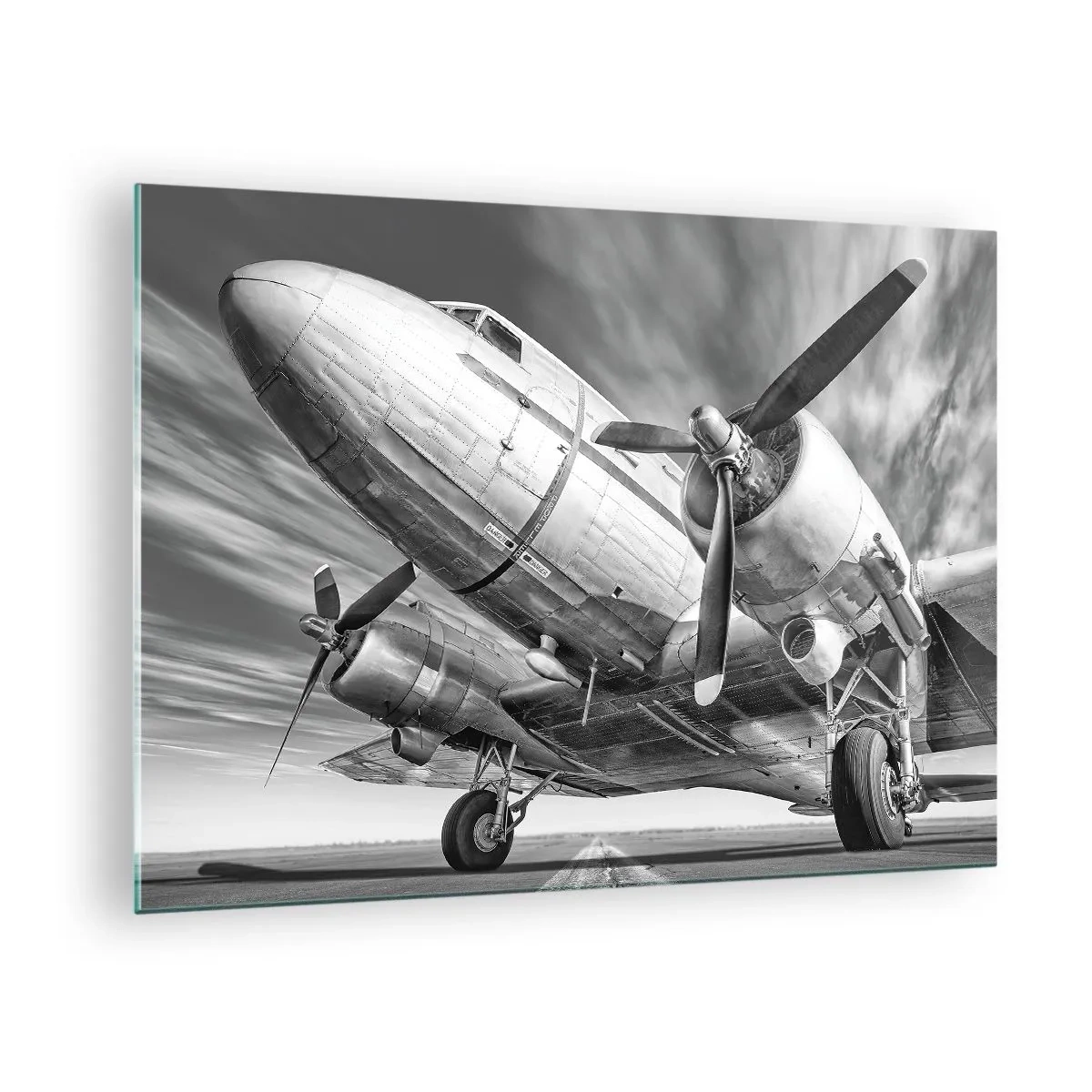 Tablou pe sticlă - Un avion cu elice alb-negru pe pistă - 70x50cm - Întotdeauna gata de zbor - Decorațiune modernă pentru perete pentru living și dormitor ARTTOR