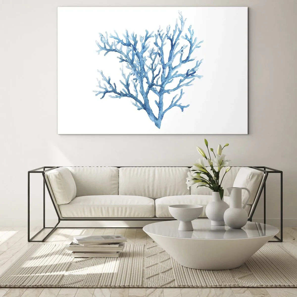 Tablou pe sticlă - O acuarelă delicată înfățișând coral albastru - 70x50cm - Filigranul marin - Decorațiune modernă pentru perete pentru living și dormitor ARTTOR