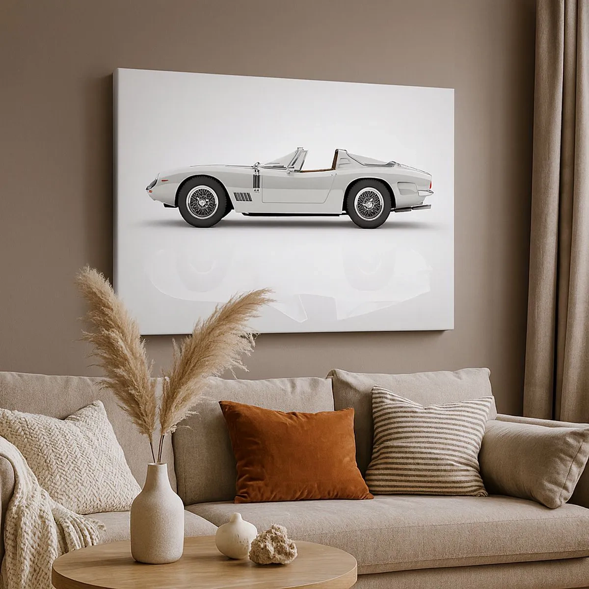 Tablou pe pânză Canvas - Cabriolet alb clasic pe fundal deschis - 70x50cm - Promisiunea distracției - Decorațiune modernă pentru perete pentru living și dormitor ARTTOR