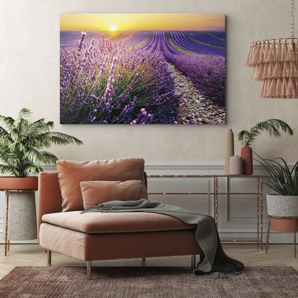 Tablou pe pânză Canvas - Câmp de lavandă la apus - 70x50cm - Câmpul parfumat - Decorațiune modernă pentru perete pentru living și dormitor ARTTOR
