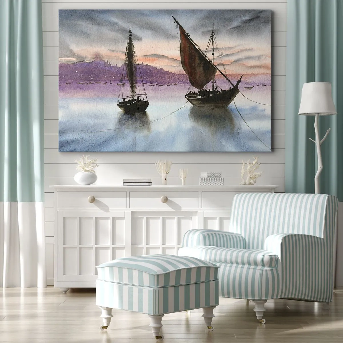 Tablou pe pânză Canvas - Două nave cu pânze ancorate pe ape calme la amurg - 70x50cm - O seară în port - Decorațiune modernă pentru perete pentru living și dormitor ARTTOR