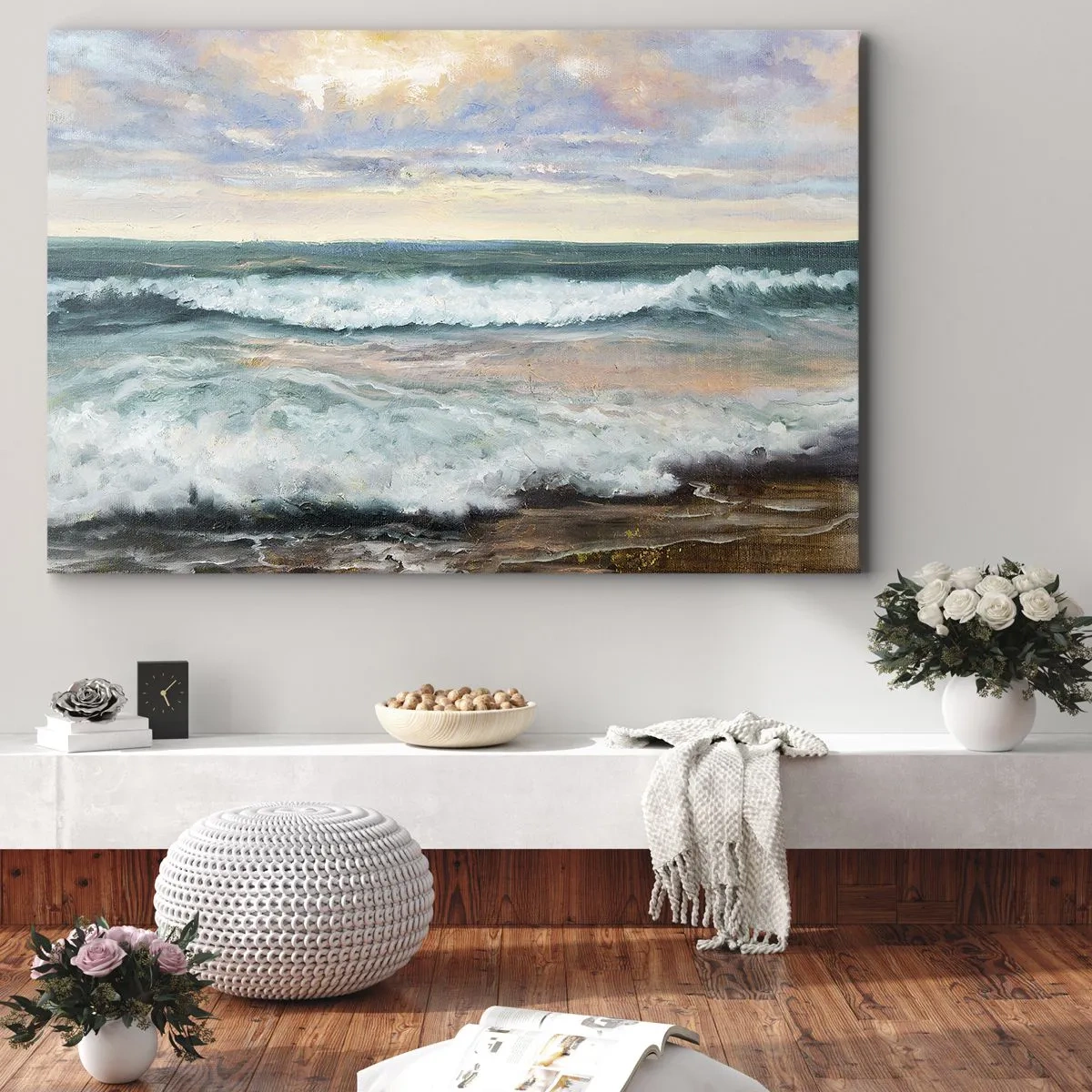 Tablou pe pânză Canvas - Valuri ale mării pe un cer înnorat la apus - 70x50cm - Aici îți vei alina sufletul - Decorațiune modernă pentru perete pentru living și dormitor ARTTOR