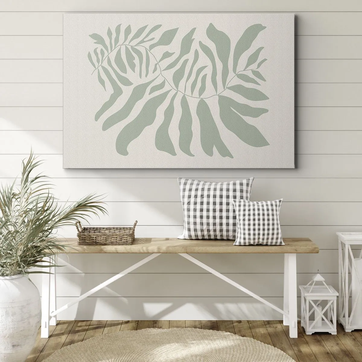 Tablou pe pânză Canvas - Un model delicat de crenguțe cu frunze într-o nuanță de verde smarald - 70x50cm - Ramura de smarald - Decorațiune modernă pentru perete pentru living și dormitor ARTTOR