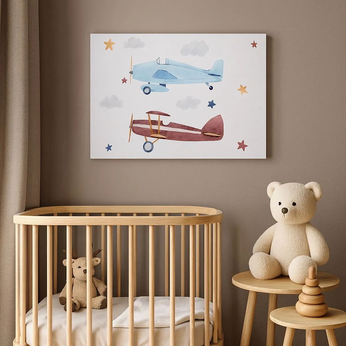 Tablou pe pânză Canvas - Avioane pictate manual pe un fundal de nori și stele - 70x50cm - Domnule Pilot, vă așteptăm! - Decorațiune modernă pentru perete pentru living și dormitor ARTTOR