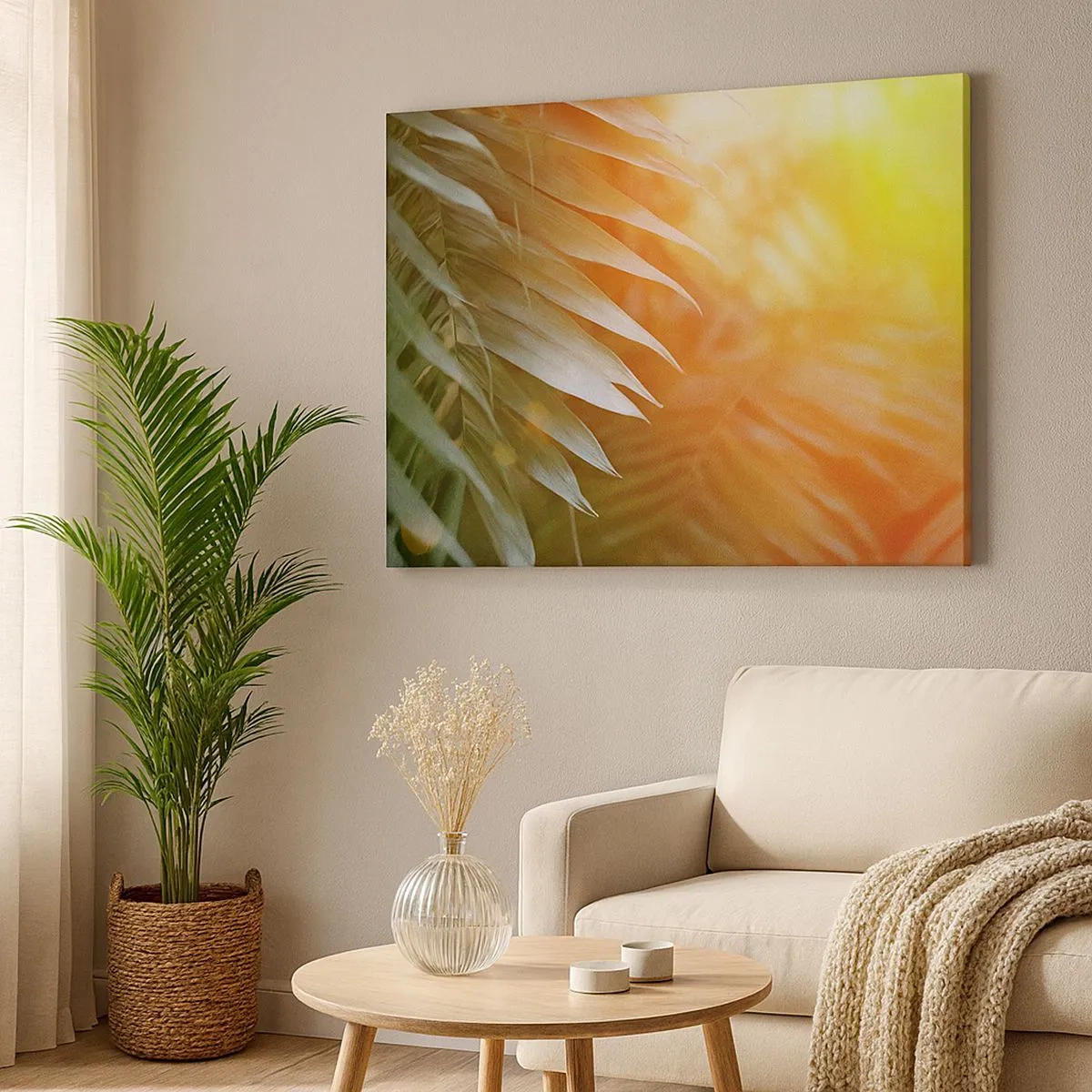Tablou pe pânză Canvas - Frunze de palmier în razele apusului - 70x50cm - Dimineață în junglă - Decorațiune modernă pentru perete pentru living și dormitor ARTTOR