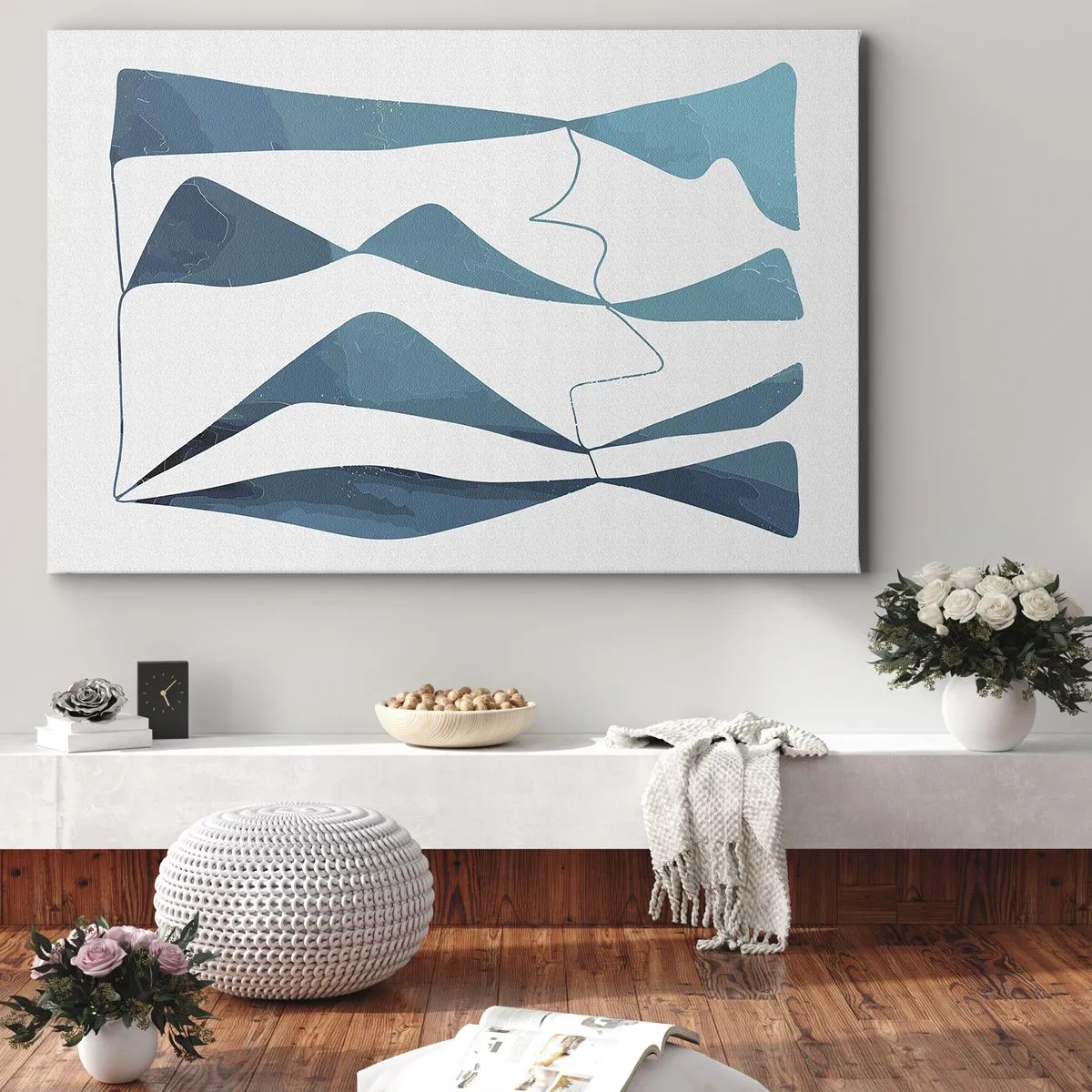 Tablou pe pânză Canvas - Forme abstracte în nuanțe de albastru pe fundal alb - 70x50cm - Abstracție: relație turcoaz - Decorațiune modernă pentru perete pentru living și dormitor ARTTOR