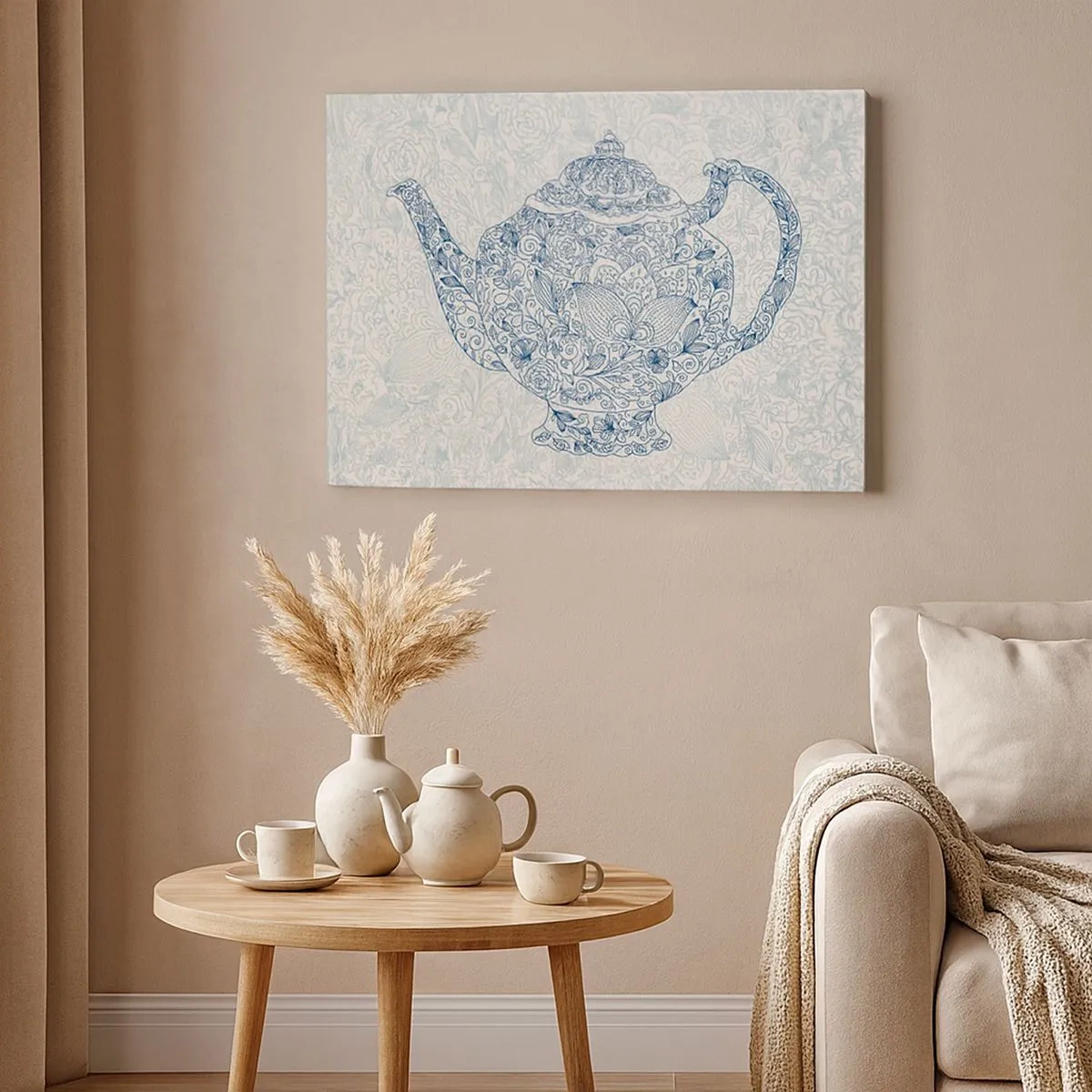 Tablou pe pânză Canvas - Desen decorativ al unui ceainic cu ornamente albastre - 70x50cm - Farmecul ceaiului - Decorațiune modernă pentru perete pentru living și dormitor ARTTOR