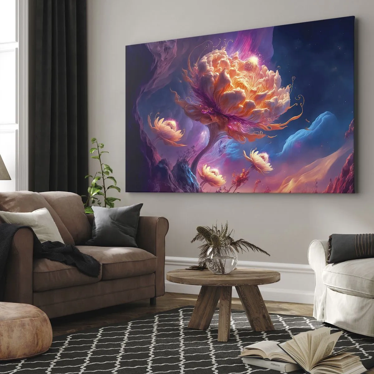 Tablou pe pânză Canvas - Flori fantastice într-un peisaj cosmic - 70x50cm - O altă lume - Decorațiune modernă pentru perete pentru living și dormitor ARTTOR