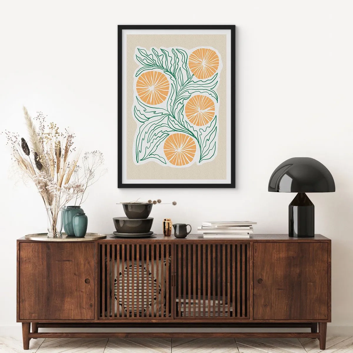 Poster în ramă neagră - Compoziție abstractă de frunze și portocale pe un fundal bej - 50x70cm - Etnic cu o notă de abstracție - Decorațiune modernă pentru perete pentru living și dormitor ARTTOR